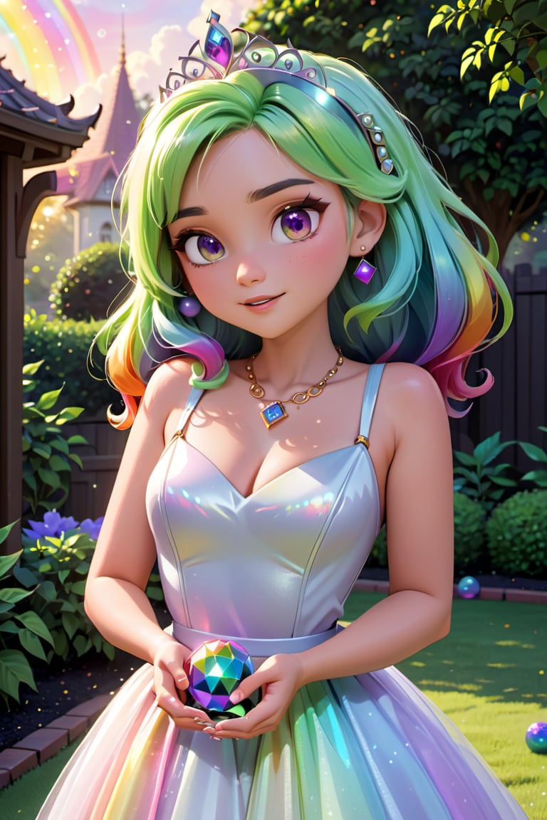 modisn disney (disney pixar style:1.2) (cute adorable girl:1.1), modisn disney, a beautiful woman with rainbow hair, iridescent pupils, shimmering motes of light, ball gown, tiara, jewelry, necklace, in a garden,  sunrise, subpixel rendering,