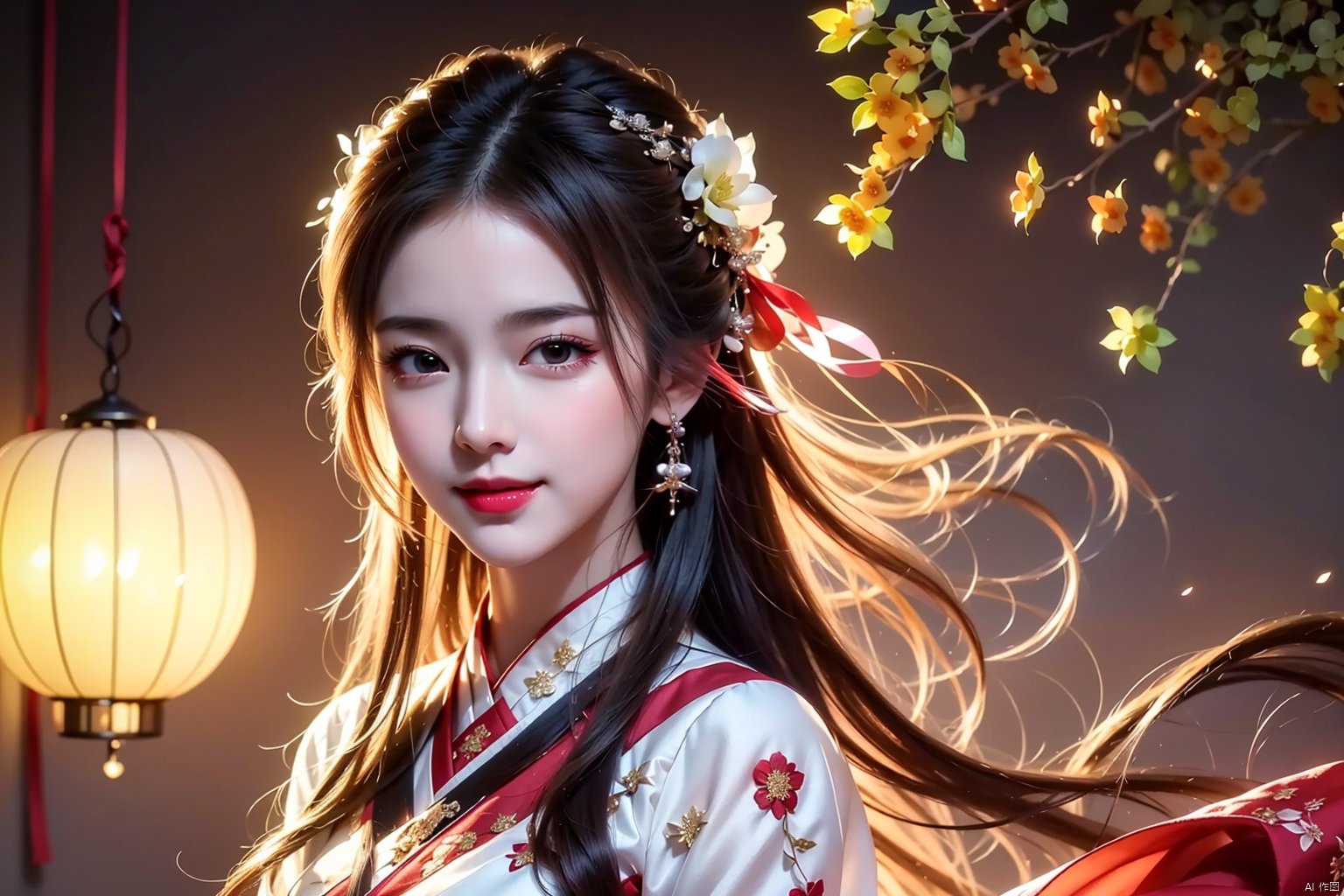 (extremely detailed CG unity 8k wallpaper),(masterpiece),(best quality),(ultra-detailed),(best illustration),(best shadow),(an extremely delicate and beautiful),Oriental Dragon,Lunar Year of the Dragon,2024 New Year,Spring Festival,1 girl,Hanfu,best quality,masterpiece,realistic,Lanterns,fireworks,Smile,(龙年, , 1girl