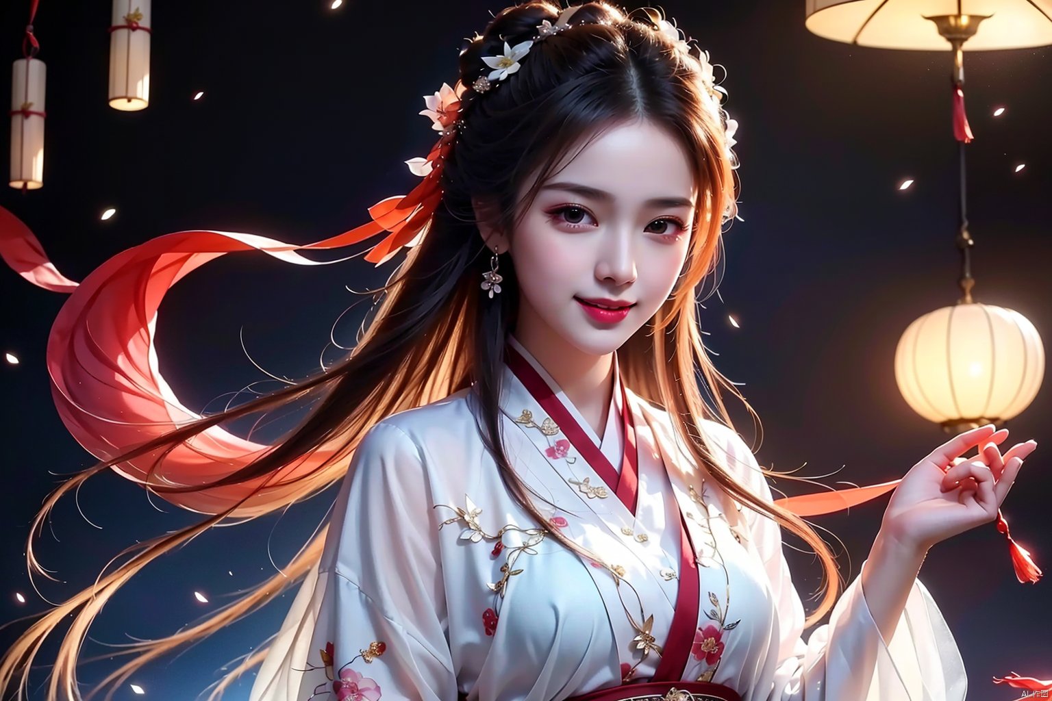 (extremely detailed CG unity 8k wallpaper),(masterpiece),(best quality),(ultra-detailed),(best illustration),(best shadow),(an extremely delicate and beautiful),Oriental Dragon,Lunar Year of the Dragon,2024 New Year,Spring Festival,1 girl,Hanfu,best quality,masterpiece,realistic,Lanterns,fireworks,Smile,(龙年, , 1girl