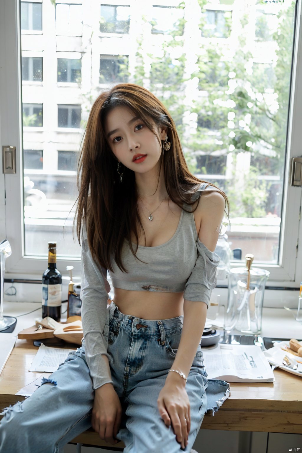 sj, 1girl, jewelry, brown hair, solo, necklace, earrings, pants, jeans, denim, long hair, head tilt, breasts, looking at viewer, sitting, indoors, sports bra, bottle, window, midriff, parted lips, cleavage, crop top, brown eyes, medium breasts, bare shoulders, stool