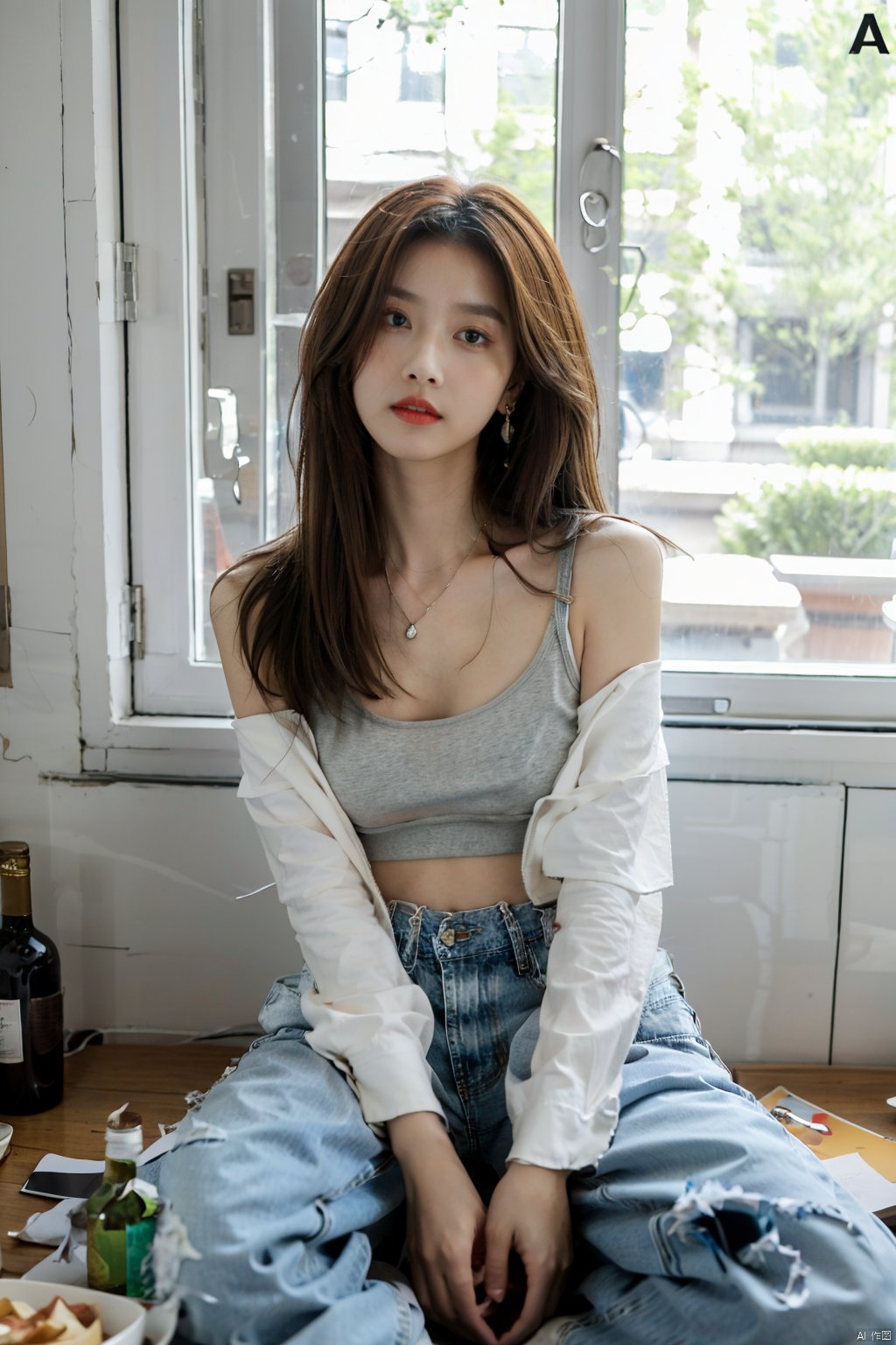 sj, 1girl, jewelry, jeans, denim, ring, brown hair, pants, window, solo, necklace, bottle, sitting, food, earrings, indoors, long hair, bra, head tilt, shirt, off shoulder, underwear