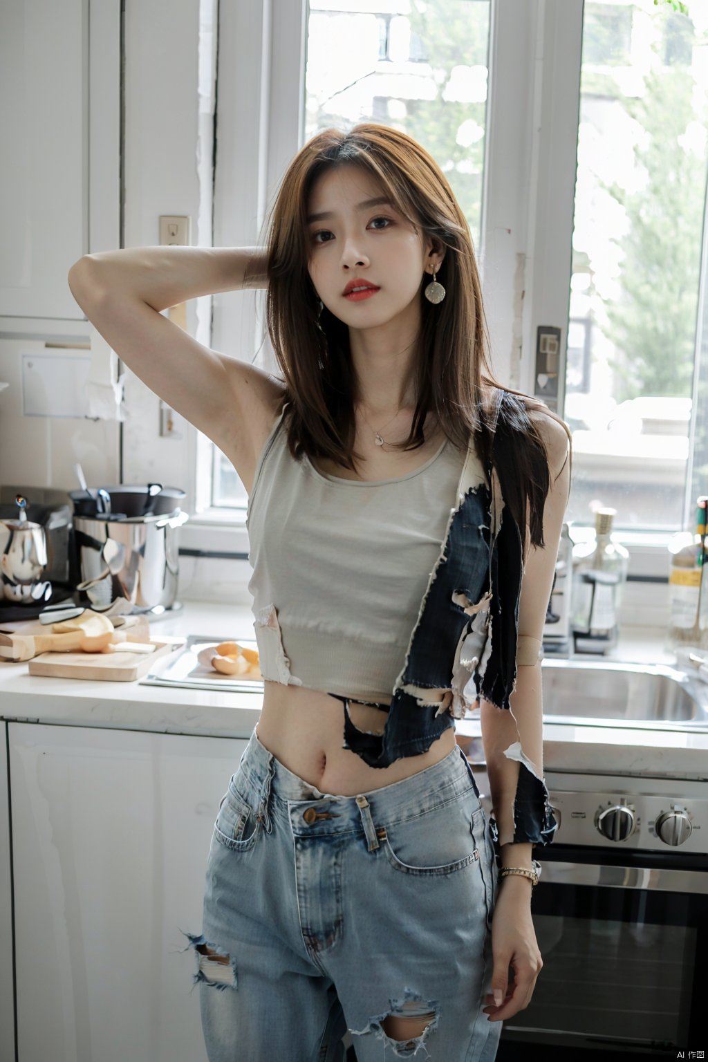 sj, 1girl, jeans, denim, solo, pants, window, brown hair, torn clothes, navel, parted lips, torn pants, indoors, torn jeans, jewelry, midriff, tank top, earrings, kitchen, medium hair