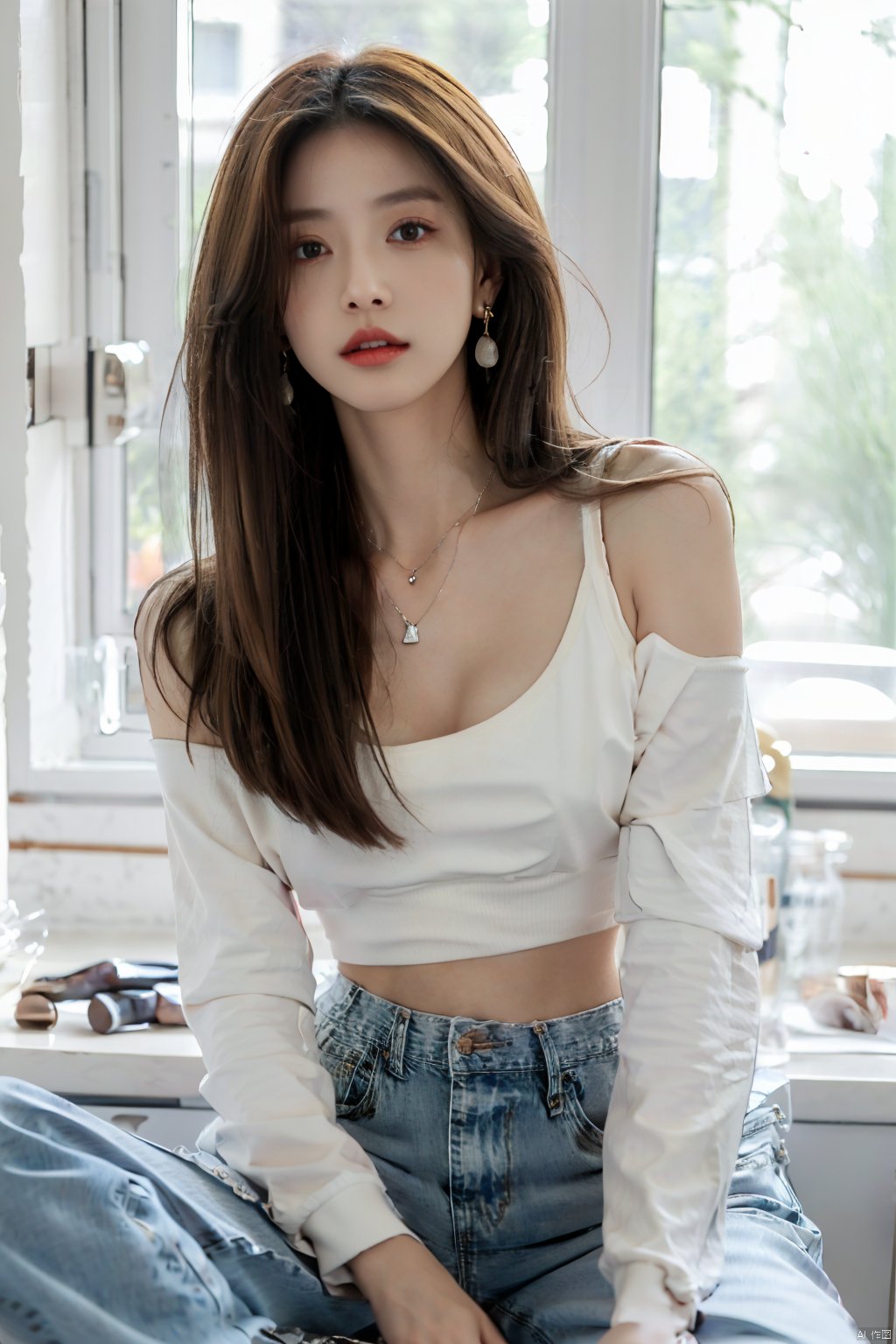  sj, 1girl, jewelry, solo, sitting, denim, brown hair, pants, earrings, jeans, long hair, necklace, looking at viewer, breasts, shirt, blurry background, crop top, parted lips, indoors, window, white shirt, blurry, midriff, cleavage, feet out of frame, long sleeves, bra, off shoulder, realistic, underwear, sj,moyou