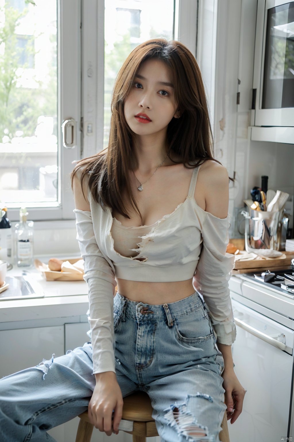 sj, 1girl, solo, brown hair, denim, pants, jewelry, necklace, jeans, breasts, parted lips, long hair, cleavage, looking at viewer, window, indoors, sitting, brown eyes, off shoulder, stool, bra, shirt, crop top, medium breasts, underwear, torn jeans, chair, white shirt