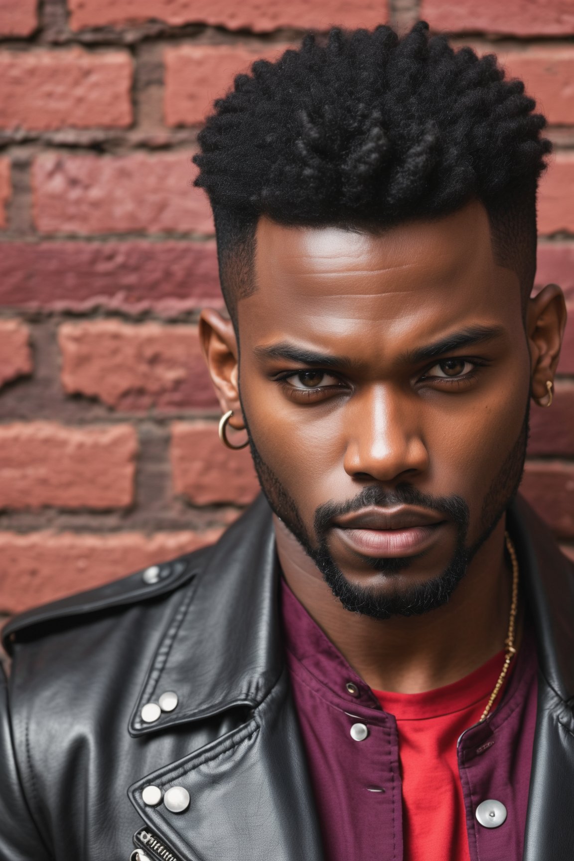 raw photo, close-up, punk band cover, red brick wall, red theme, a brutal beautifully handsome black man, 30 years old, (manly, wide jaw:1.2), leather jacket, red shirt, (vibrant colors:0.9),