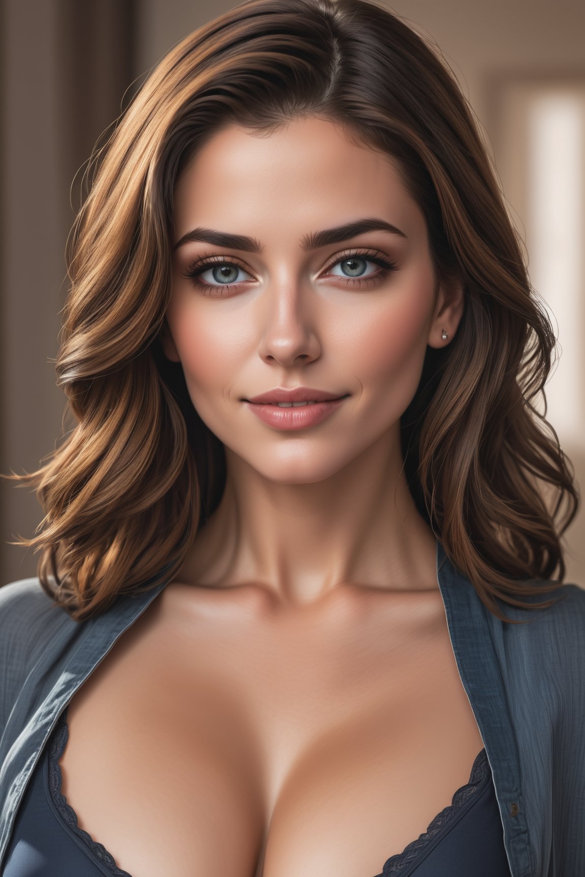 american woman, brunette haired, facing viewer, head to thigh shot, 16k resolution, deviantart masterpiece, watercolor style, 30 year old, sexy milf, cleavage, medium breast, sultry smile, facing viewer, ultra, realistic, sharp features, highly detailed, sharp focus, muted colors, perfect face, perfect eyes, supple female form