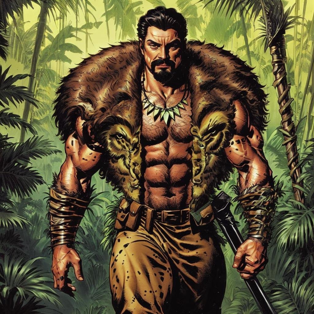 a man walking in a jungle <lora:KraventhehunterLoRA:0.8> 1boy, male focus, solo, facial hair, black hair, muscular, beard, holding, weapon, abs, manly, necklace, mustache