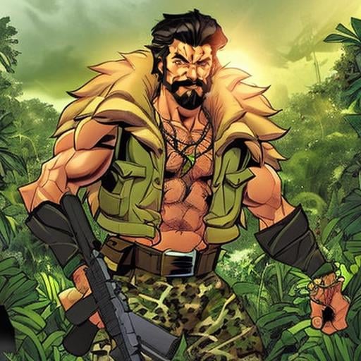 ((a man sneaking in the jungle holding a rifle)), lightning in the background <lora:KraventhehunterLoRA:0.7> 1boy, male focus, solo, facial hair, black hair, muscular, beard, holding, weapon, abs, manly, necklace, mustache,   <lora:CherryMouseStreetStyleV4Lora Uploaded!:0.8> mssstyle