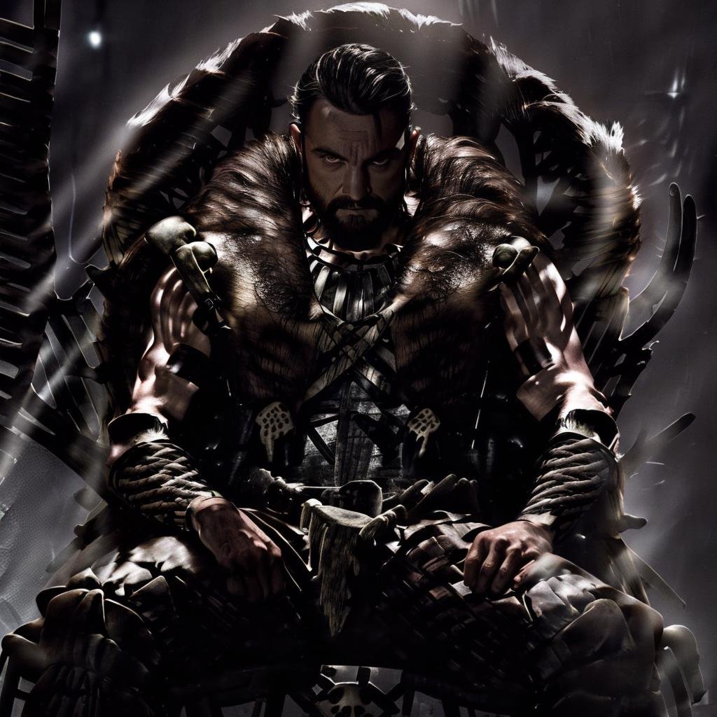 ((a man sitting on a throne with bones, dark moody light, looking pissed, looking at viewer)), lightning in the background <lora:KraventhehunterLoRA:1> 1boy, male focus, solo, facial hair, black hair, muscular, beard, holding, weapon, abs, manly, necklace, mustache