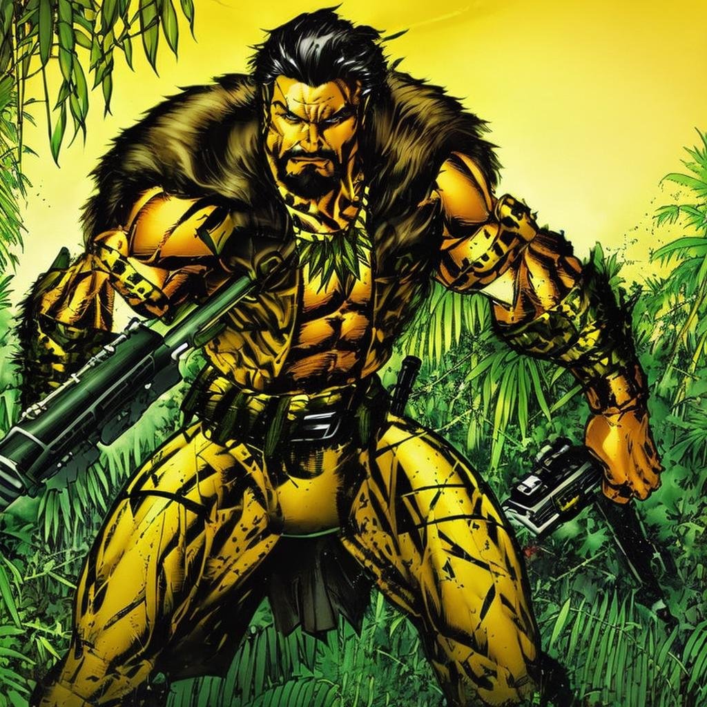 ((a man hunting running in the jungle holding a rifle)), lightning in the background <lora:KraventhehunterLoRA:0.8> 1boy, male focus, solo, facial hair, black hair, muscular, beard, holding, weapon, abs, manly, necklace, mustache,  <lora:MTMSImagineComicsStyleV2Lora:0.6> mtms, 