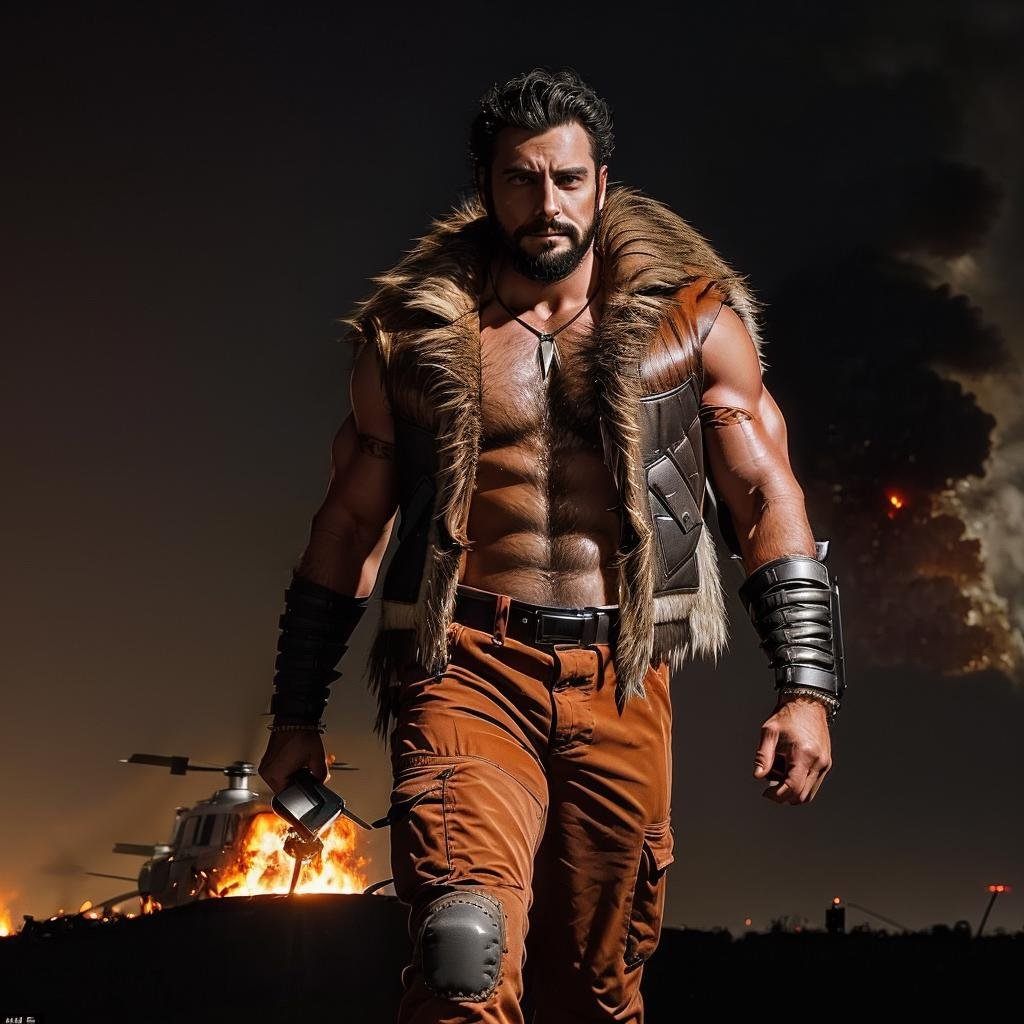 ((a man walking in front of a burning helicopter, explosion in the background)), lightning in the background <lora:KraventhehunterLoRA:0.8> 1boy, male focus, solo, facial hair, black hair, muscular, beard, holding, weapon, abs, manly, necklace, mustache