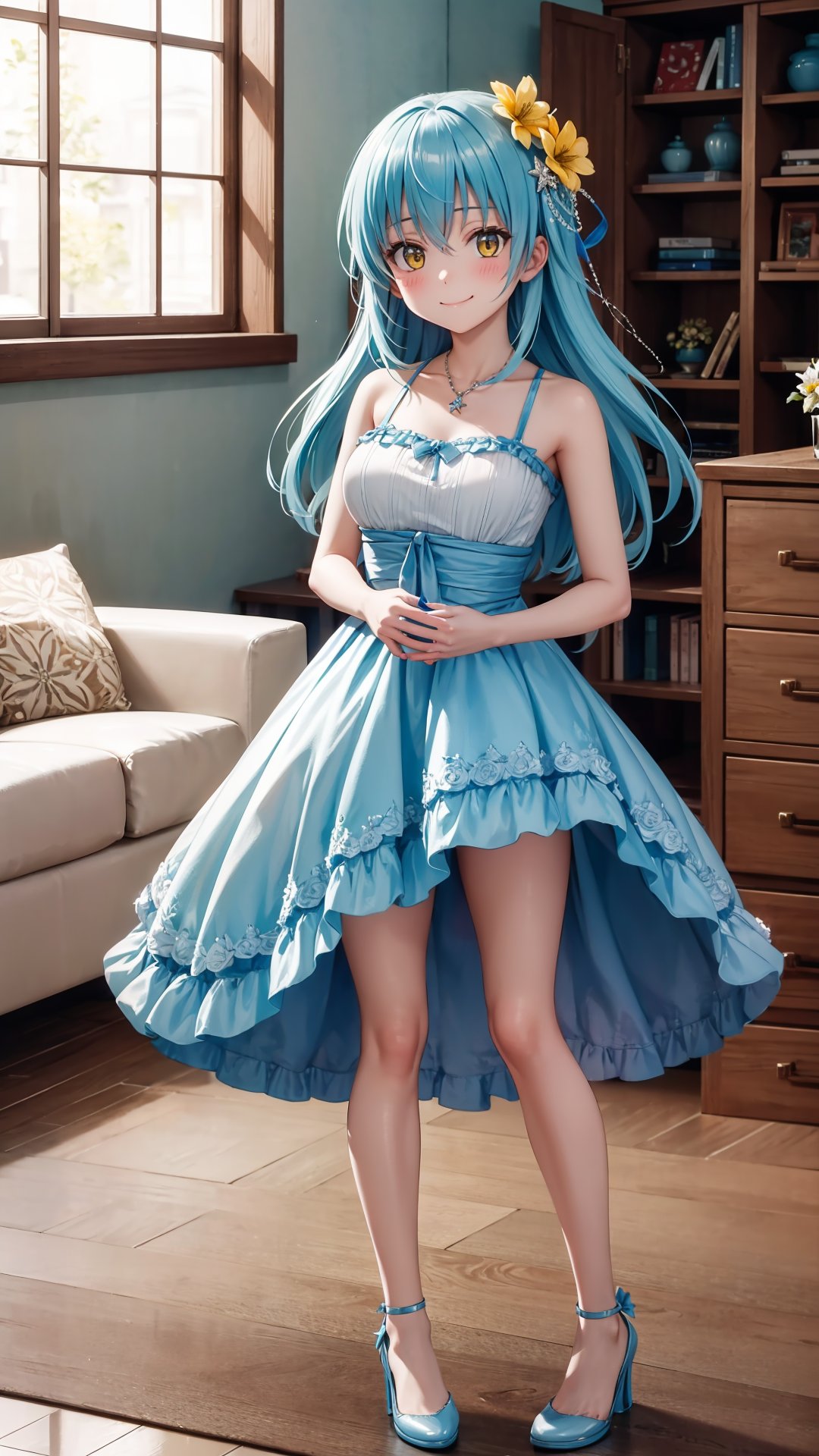 (masterpiece, best quality), ray tracing, absurdres, HDR, rimuruparty, rimuru tempest, 1girl,  light blue hair, yellow eyes,breasts,,long hair, flower, hair ornament, hair flower, smile,closed mouth, ,bare legs, , looking at viewer, bangs, dress, solo, hair between eyes,full body, ,,  indoors,living room,blush ,,
