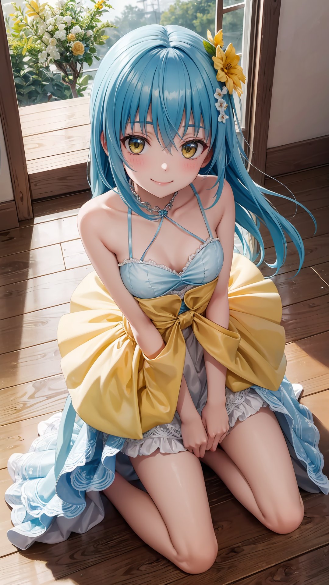 (masterpiece, best quality), ray tracing, absurdres, HDR, rimuruparty, rimuru tempest, 1girl,  light blue hair, yellow eyes,medium breasts,,long hair, flower, hair ornament, hair flower, smile,closed mouth, ,bare legs, , looking at viewer, bangs, dress, solo, hair between eyes,full body, ,,  indoors,living room,blush ,, ,rimuruparty