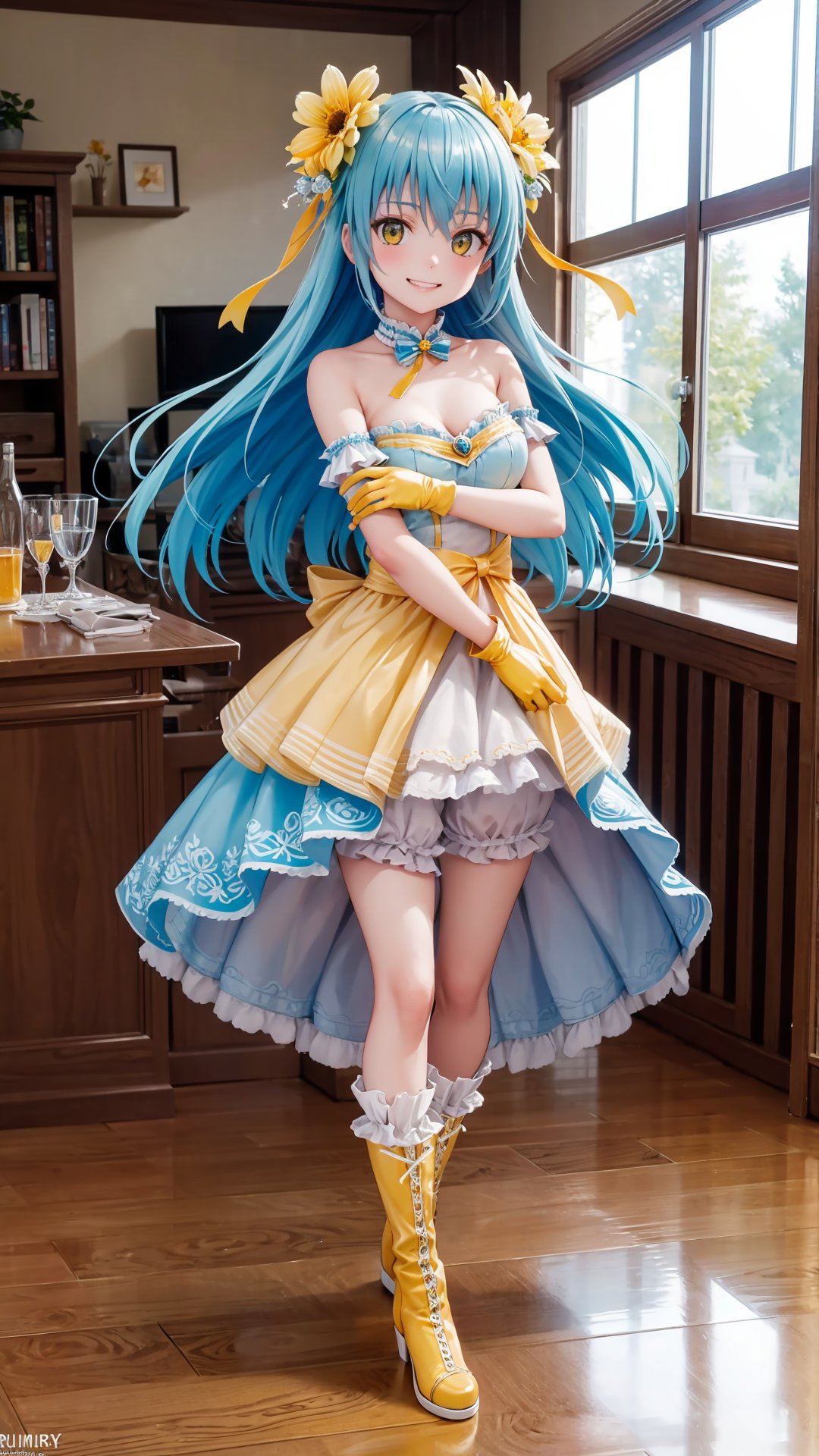 (masterpiece, best quality), ray tracing, absurdres, HDR, rimuruparty, rimuru tempest, 1girl, light blue hair, yellow eyes,breasts,,long hair, flower, hair ornament, hair flower, smile, boots, gloves, looking at viewer, bangs, dress, solo, hair between eyes,full body, ,bloomers, indoors,rimuruparty