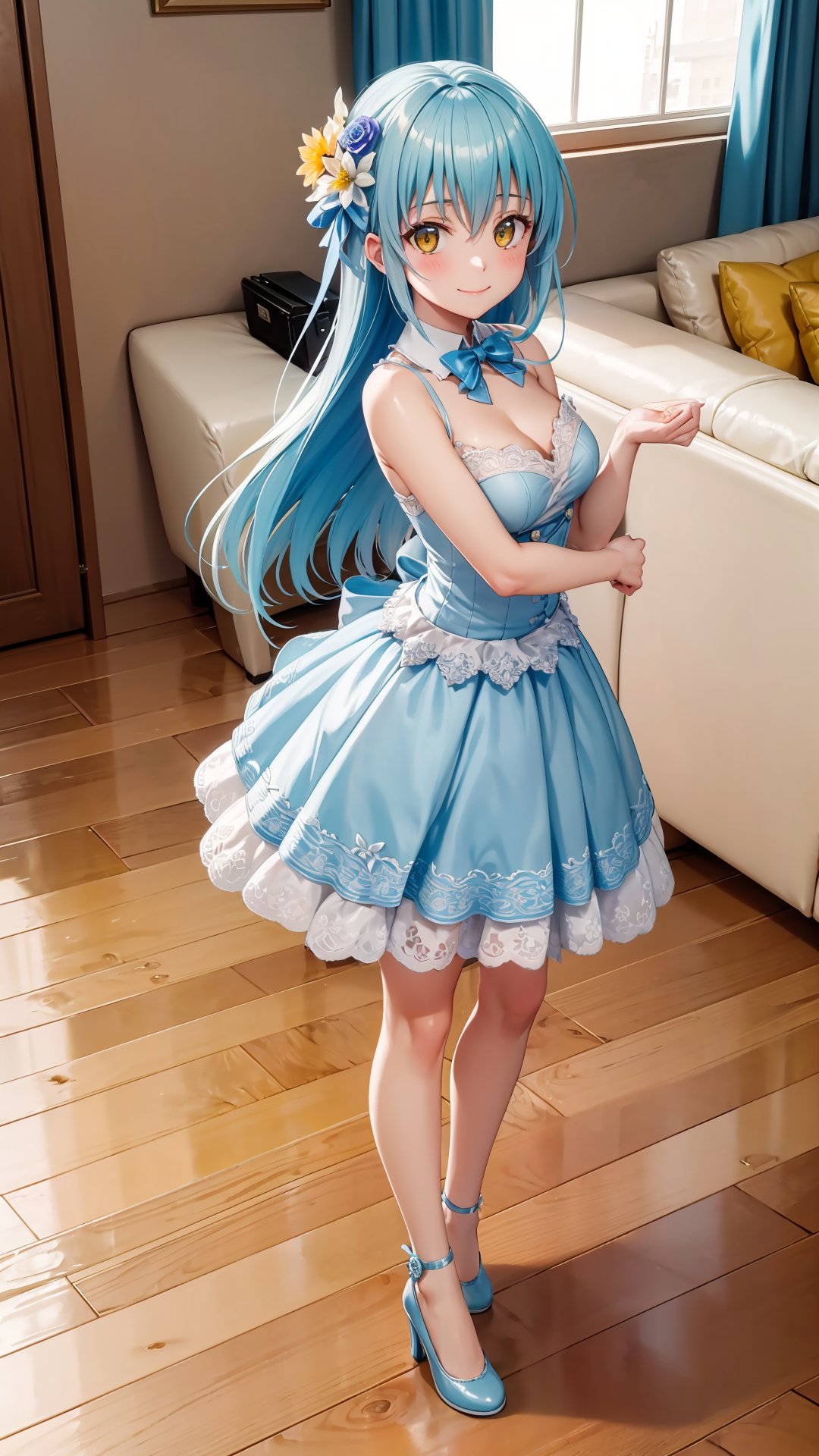 (masterpiece, best quality), ray tracing, absurdres, HDR, rimuruparty, rimuru tempest, 1girl,  light blue hair, yellow eyes,breasts,,long hair, flower, hair ornament, hair flower, smile,closed mouth, ,bare legs, , looking at viewer, bangs, dress, solo, hair between eyes,full body, ,,  indoors,living room,blush ,, 
,rimuruparty