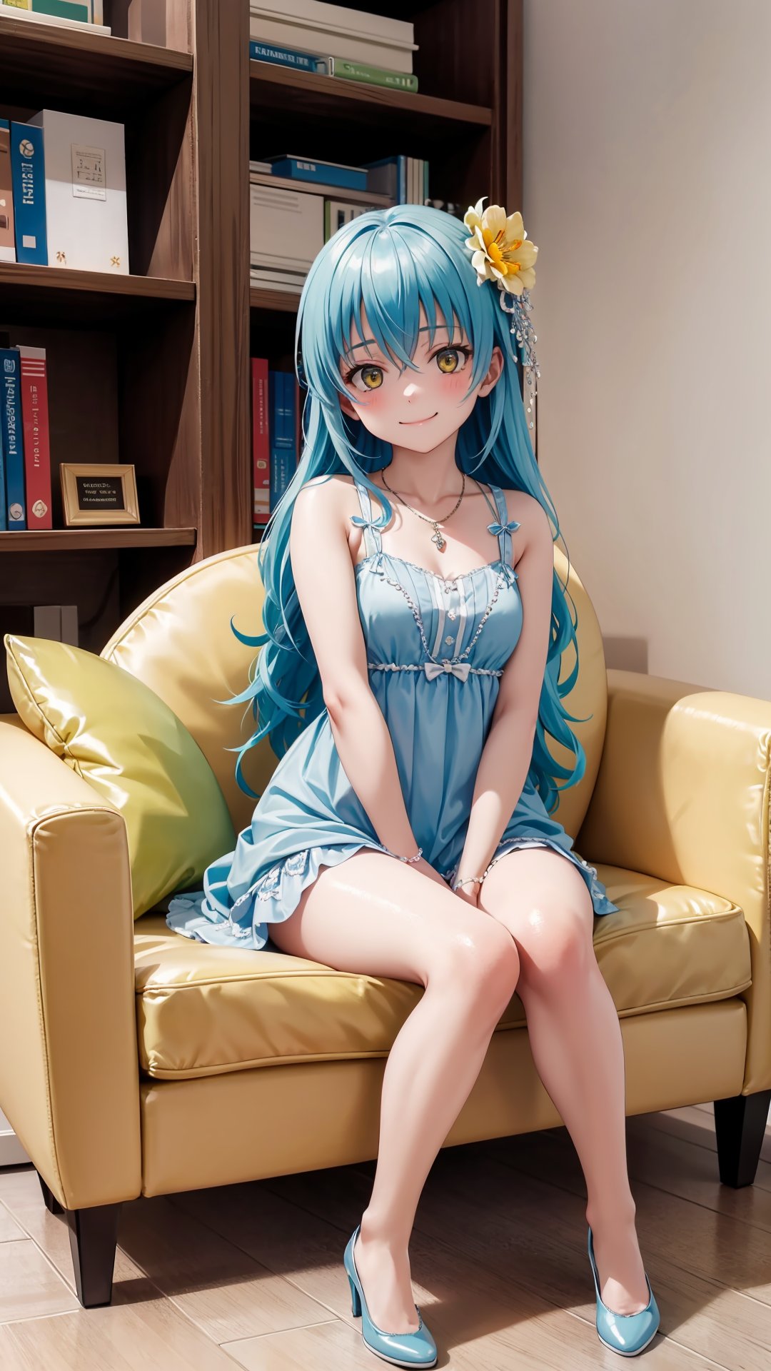 (masterpiece, best quality), ray tracing, absurdres, HDR, rimuruparty, rimuru tempest, 1girl,  light blue hair, yellow eyes,breasts,,long hair, flower, hair ornament, hair flower, smile,closed mouth, ,bare legs, , looking at viewer, bangs, dress, solo, hair between eyes,full body, ,sitting,  indoors,living room,blush ,, 
,rimuruparty