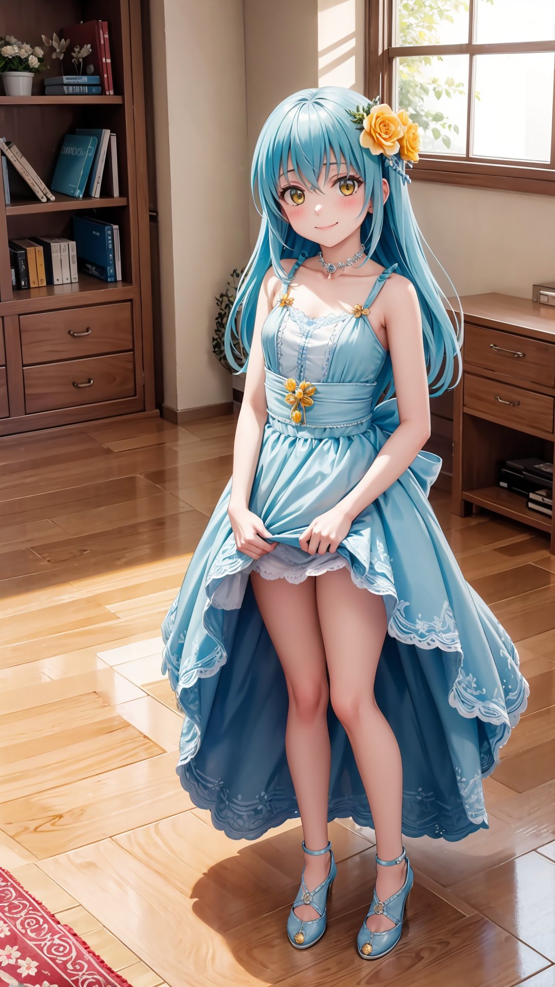 (masterpiece, best quality), ray tracing, absurdres, HDR, rimuruparty, rimuru tempest, 1girl,  light blue hair, yellow eyes,breasts,,long hair, flower, hair ornament, hair flower, smile,closed mouth, ,bare legs, , looking at viewer, bangs, dress, solo, hair between eyes,full body, ,,  indoors,living room,blush ,, 
