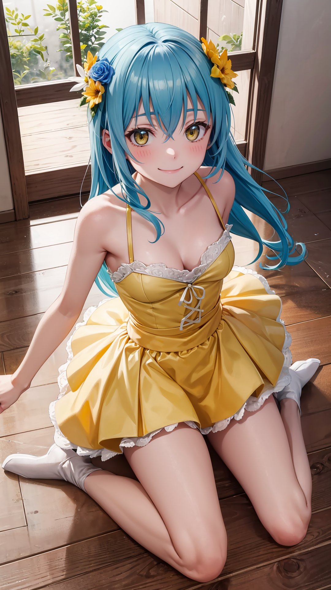 (masterpiece, best quality), ray tracing, absurdres, HDR, rimuruparty, rimuru tempest, 1girl,  light blue hair, yellow eyes,breasts,,long hair, flower, hair ornament, hair flower, smile,closed mouth, ,bare legs, , looking at viewer, bangs, dress, solo, hair between eyes,full body, ,,  indoors,living room,blush ,,
,rimuruparty