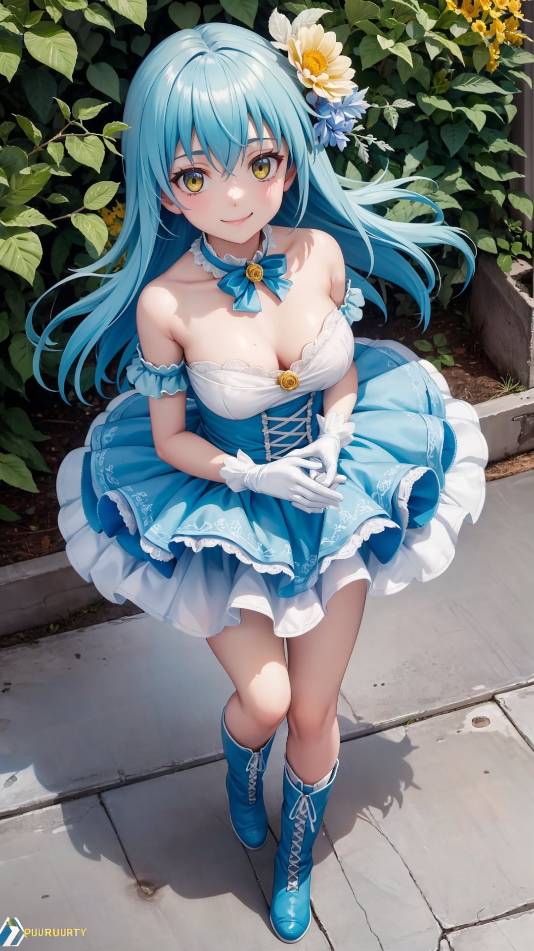 (masterpiece, best quality), ray tracing, absurdres, HDR, rimuruparty, rimuru tempest, 1girl, light blue hair, yellow eyes,breasts,,long hair, flower, hair ornament, hair flower, smile, boots, gloves, looking at viewer, bangs, dress, solo, hair between eyes,full body, ,bloomers, outdoors,from above,