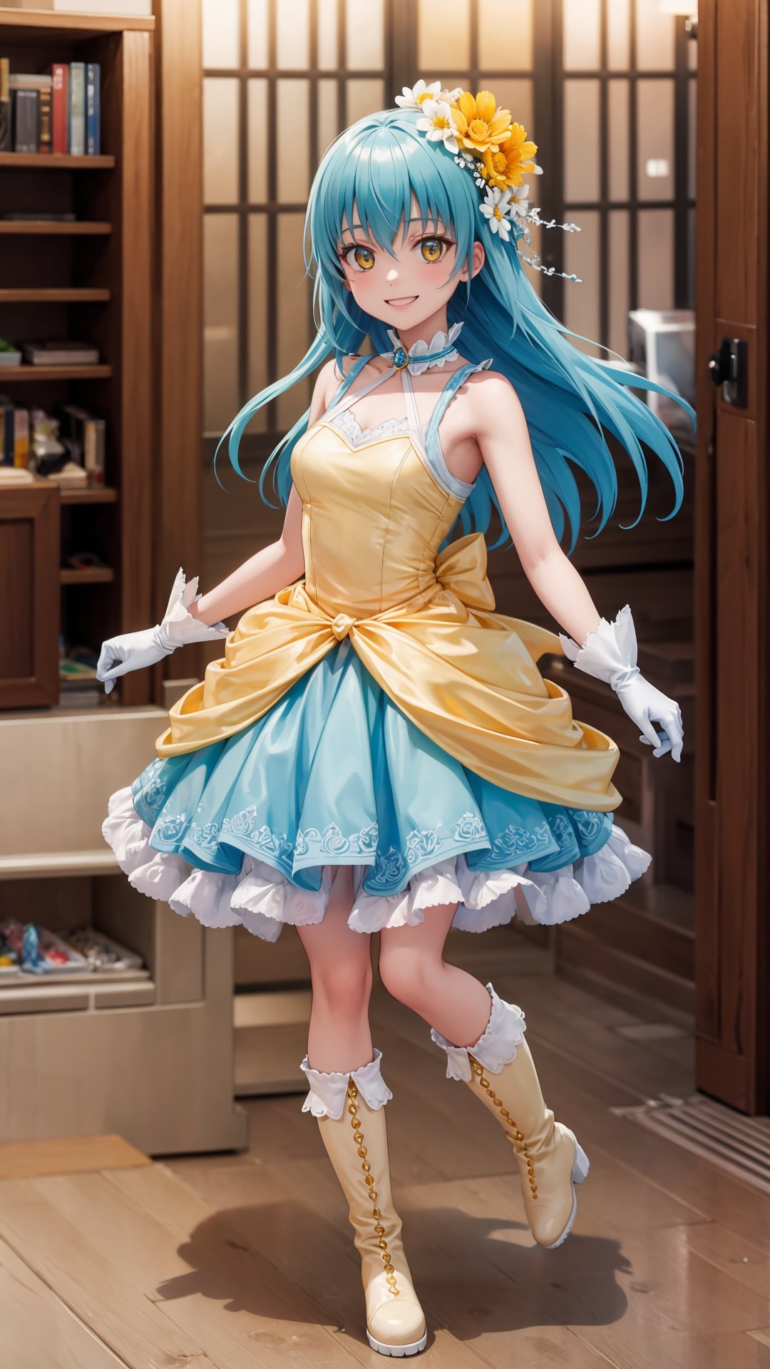 (masterpiece, best quality), ray tracing, absurdres, HDR, rimuruparty, rimuru tempest, 1girl, light blue hair, yellow eyes,medium breasts,,long hair, flower, hair ornament, hair flower, smile, boots, gloves, looking at viewer, bangs, dress, solo, hair between eyes,full body, ,bloomers, indoors,