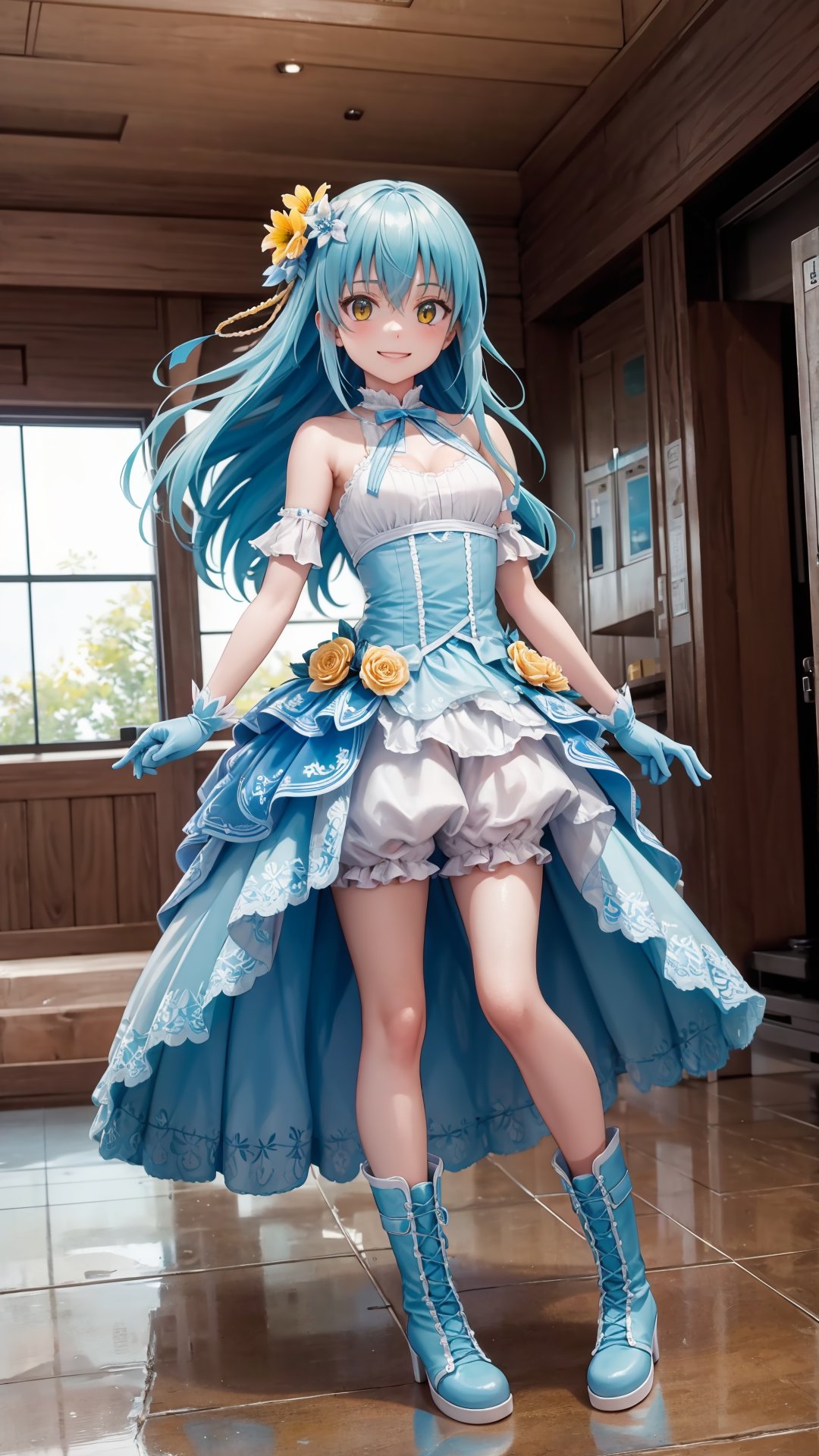 (masterpiece, best quality), ray tracing, absurdres, HDR, rimuruparty, rimuru tempest, 1girl, light blue hair, yellow eyes,medium breasts,,long hair, flower, hair ornament, hair flower, smile, boots, gloves, looking at viewer, bangs, dress, solo, hair between eyes,full body, ,bloomers, indoors,rimuruparty