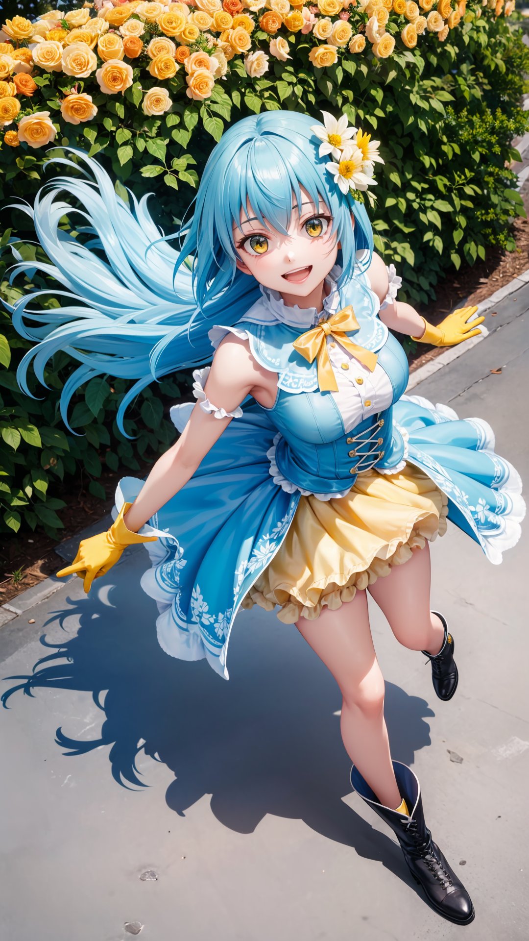 (masterpiece, best quality), ray tracing, absurdres, HDR, rimuruparty, rimuru tempest, 1girl, light blue hair, yellow eyes,breasts,,long hair, flower, hair ornament, hair flower, smile, boots, gloves, looking at viewer, bangs, dress, solo, hair between eyes,full body, ,bloomers, outdoors,from above,