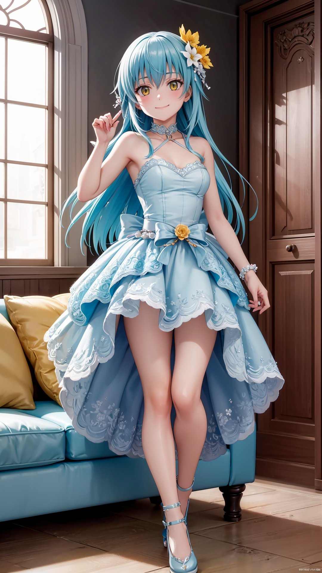 (masterpiece, best quality), ray tracing, absurdres, HDR, rimuruparty, rimuru tempest, 1girl,  light blue hair, yellow eyes,breasts,,long hair, flower, hair ornament, hair flower, smile,closed mouth, ,bare legs, , looking at viewer, bangs, dress, solo, hair between eyes,full body, ,,  indoors,living room,blush ,, 
,rimuruparty