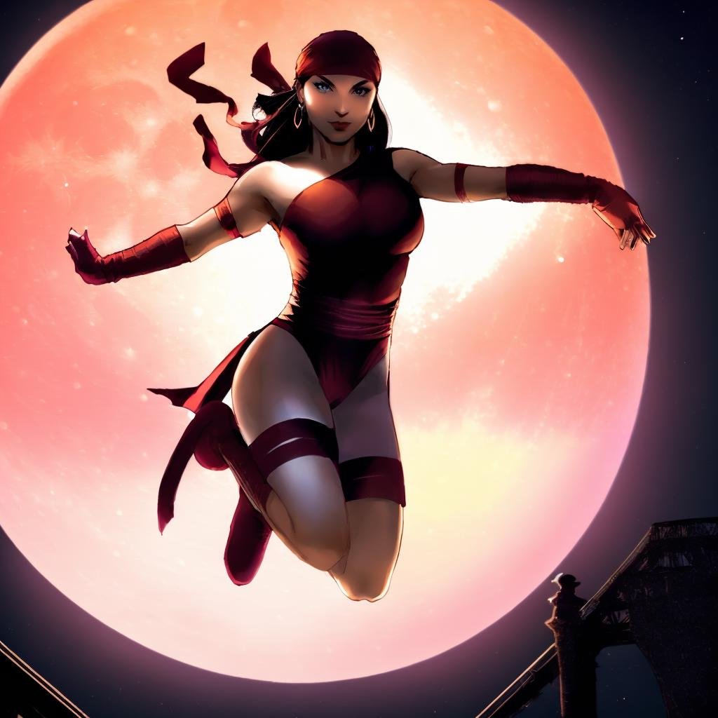 ((a woman jumping in the air, really big moon in the background at night ))<lora:ElektraLoRA:1> 1girl, black hair, red clothes, solo, breasts, bandana, makeup, shoulder free, large breasts,  jewelry, earrings, gloves, boots, ninja, beautiful eyes, beautiful girl, 