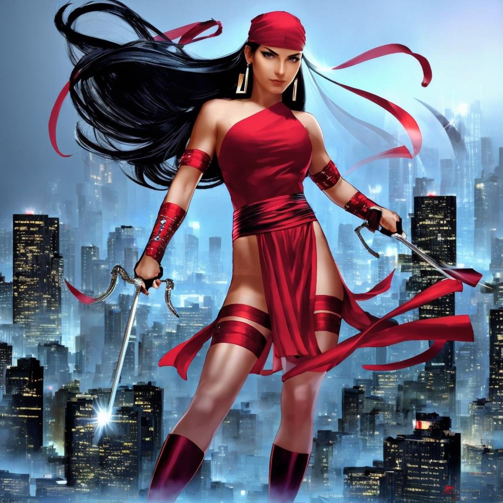 a woman crossing herarms holding sai looking over a city<lora:ElektraLoRA:1> 1girl, black hair, red clothes, solo, breasts, weapon, bandana, holding, sword, makeup, large breasts, dual wielding, jewelry, earrings, gloves, boots, ninja, beautiful eyes, beautiful girl, high detail skin, high detail eyes, high detail hair, highres, ultra detailed, sharpen picture, Highly detailed, masterpiece, best quality,  