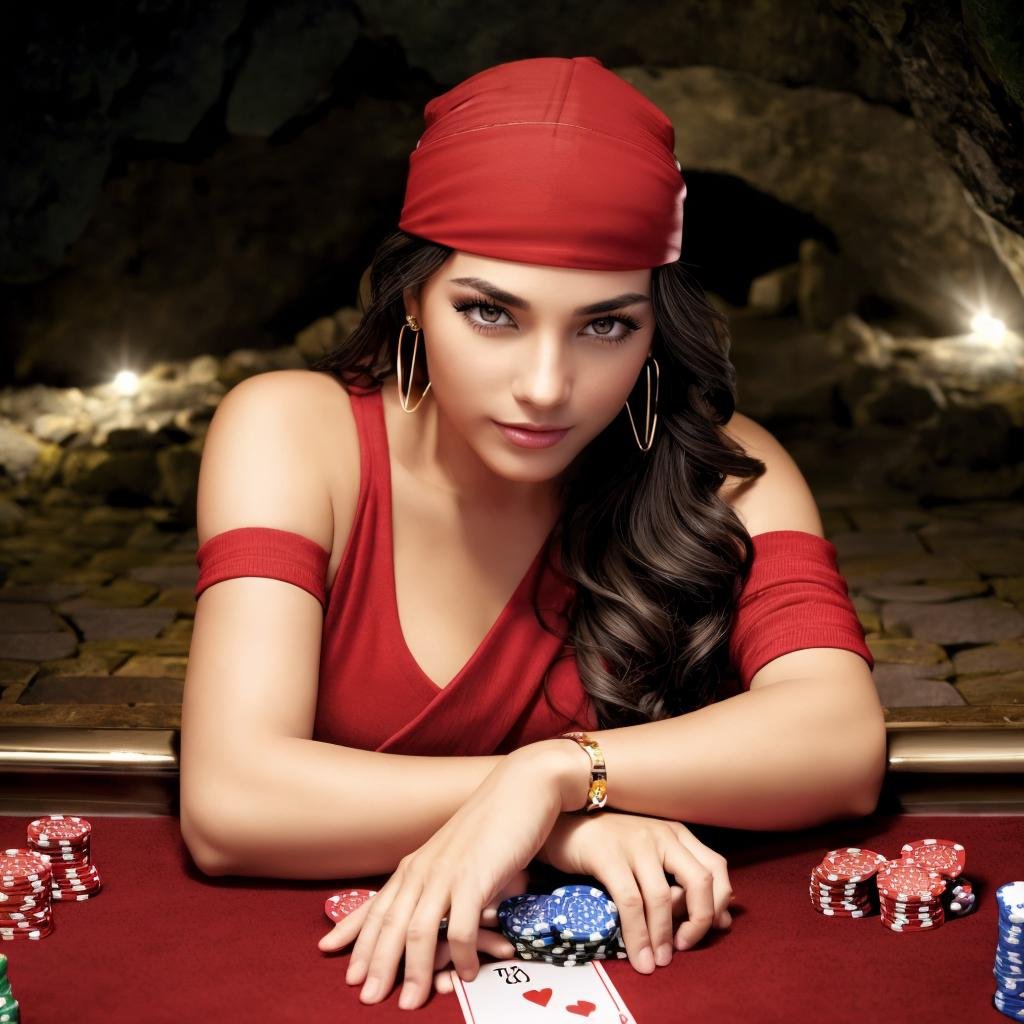 ((a woman gambling with cards in a backyard gamble cave))<lora:ElektraLoRA:0.8> 1girl, black hair, red clothes, solo, breasts, bandana, makeup, shoulder free, large breasts,  jewelry, earrings, gloves, boots, ninja, beautiful eyes, beautiful girl, high detail skin, high detail eyes, high detail hair, highres, ultra detailed, sharpen picture, Highly detailed, masterpiece, best quality,  