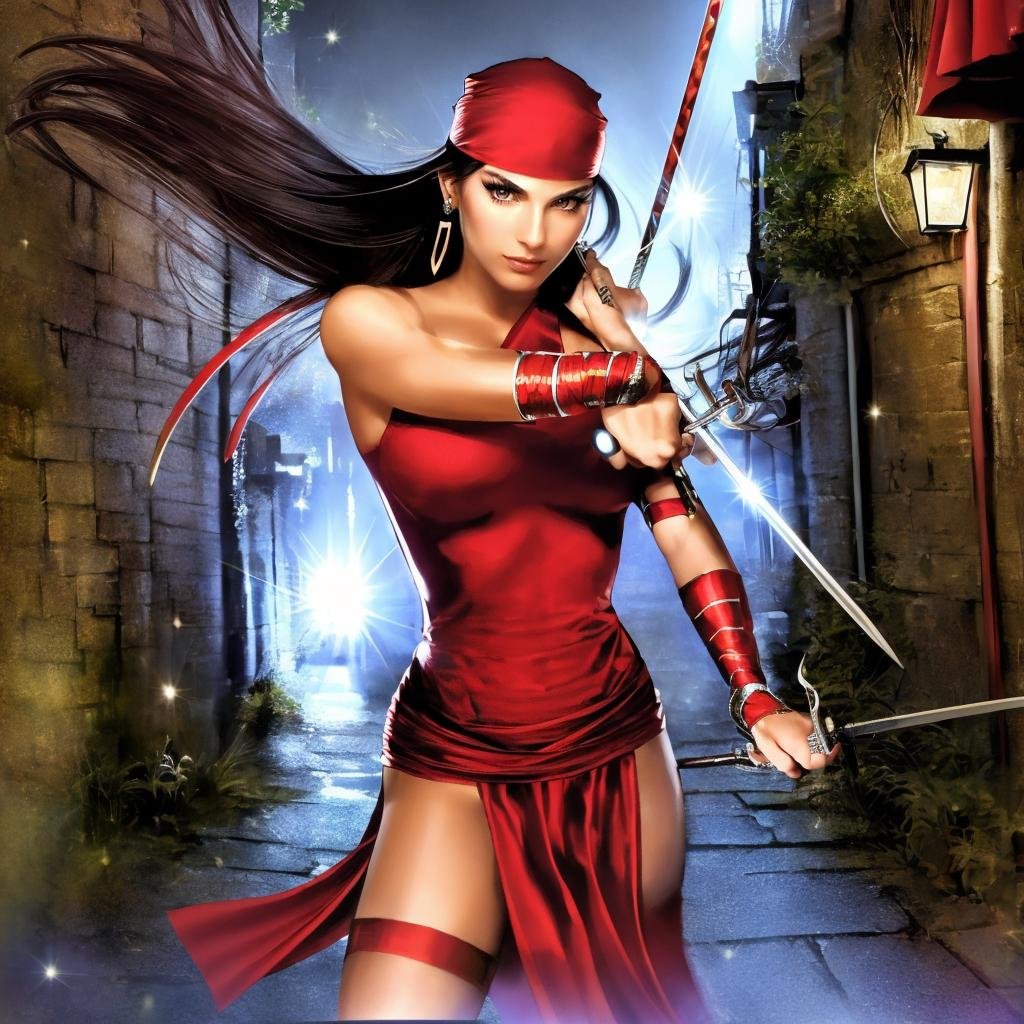 ((a woman fighting with weapons in a narrow ally))<lora:ElektraLoRA:1> 1girl, black hair, red clothes, solo, breasts, weapon, bandana, holding, sword, makeup, large breasts, dual wielding, jewelry, earrings, gloves, boots, ninja, beautiful eyes, beautiful girl, high detail skin, high detail eyes, high detail hair, highres, ultra detailed, sharpen picture, Highly detailed, masterpiece, best quality,  