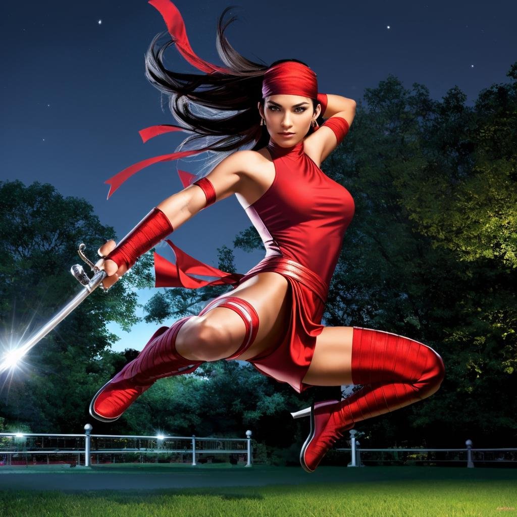 ((a woman doing a jump kick in a park at night holding sais))<lora:ElektraLoRA:0.8> 1girl, black hair, red clothes, solo, breasts, weapon, bandana, holding, sword, makeup, large breasts, dual wielding, jewelry, earrings, gloves, boots, ninja, beautiful eyes, beautiful girl, high detail skin, high detail eyes, high detail hair, highres, ultra detailed, sharpen picture, Highly detailed, masterpiece, best quality,  