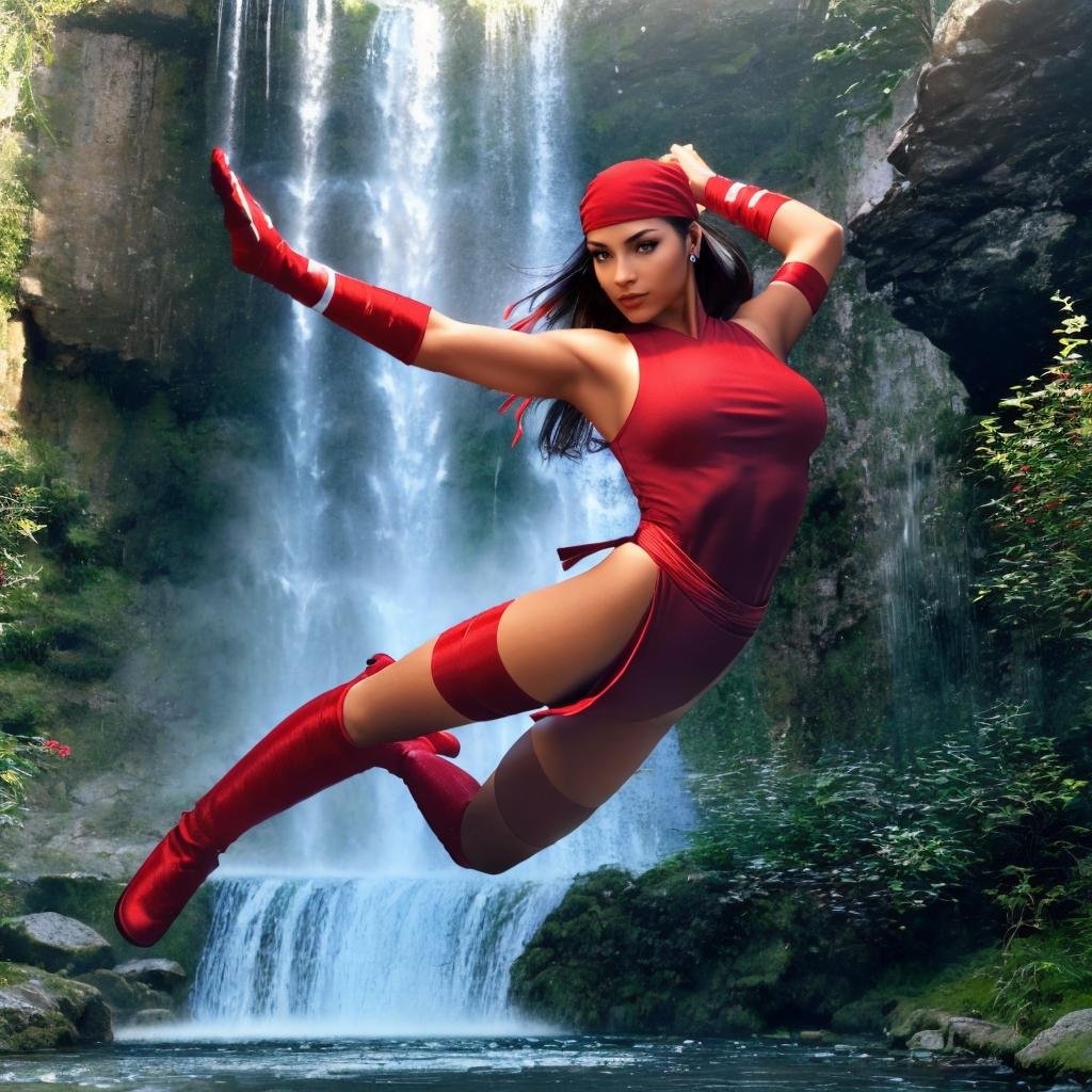 (a woman jump split kick over a river, waterfall in background, side view)<lora:ElektraLoRA:1> 1girl, black hair, red clothes, solo, breasts, bandana, makeup, shoulder free, large breasts,  jewelry, earrings, gloves, boots, ninja, beautiful eyes, beautiful girl,  red leotard, masterpiece, best quality, photorealistic,