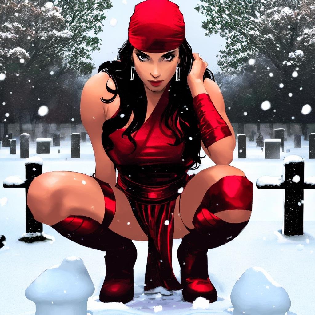 ((a woman squatting on a grave in the snow, snow falling ))<lora:ElektraLoRA:1> 1girl, black hair, red clothes, solo, breasts, bandana, makeup, shoulder free, large breasts,  jewelry, earrings, gloves, boots, ninja, beautiful eyes, beautiful girl, 