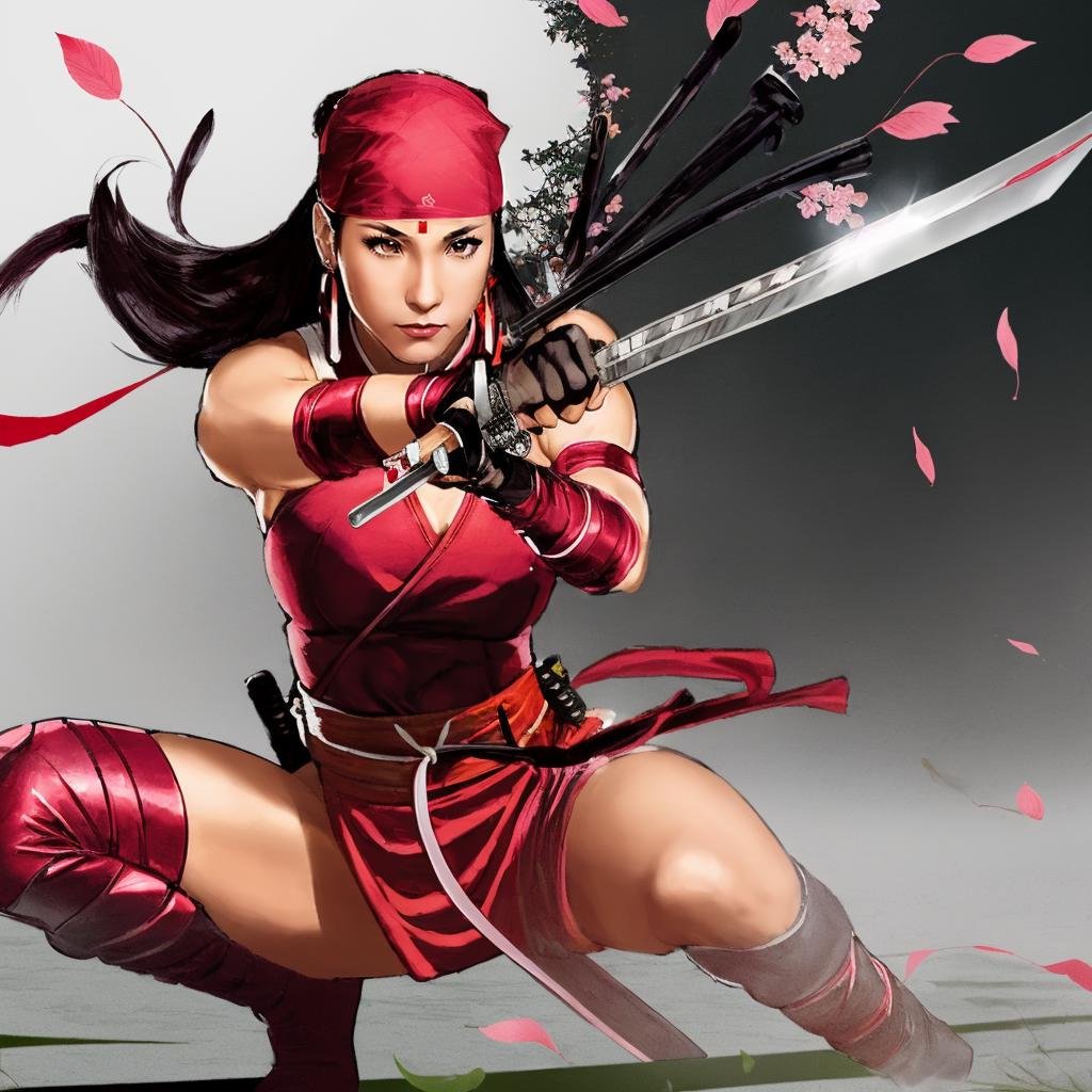 ((a woman crossing her weapons, holding katana, sakura leaves falling ))<lora:ElektraLoRA:0.7> 1girl, black hair, red clothes, solo, breasts, bandana, makeup, shoulder free, large breasts,  jewelry, earrings, gloves, boots, ninja, beautiful eyes, beautiful girl, 