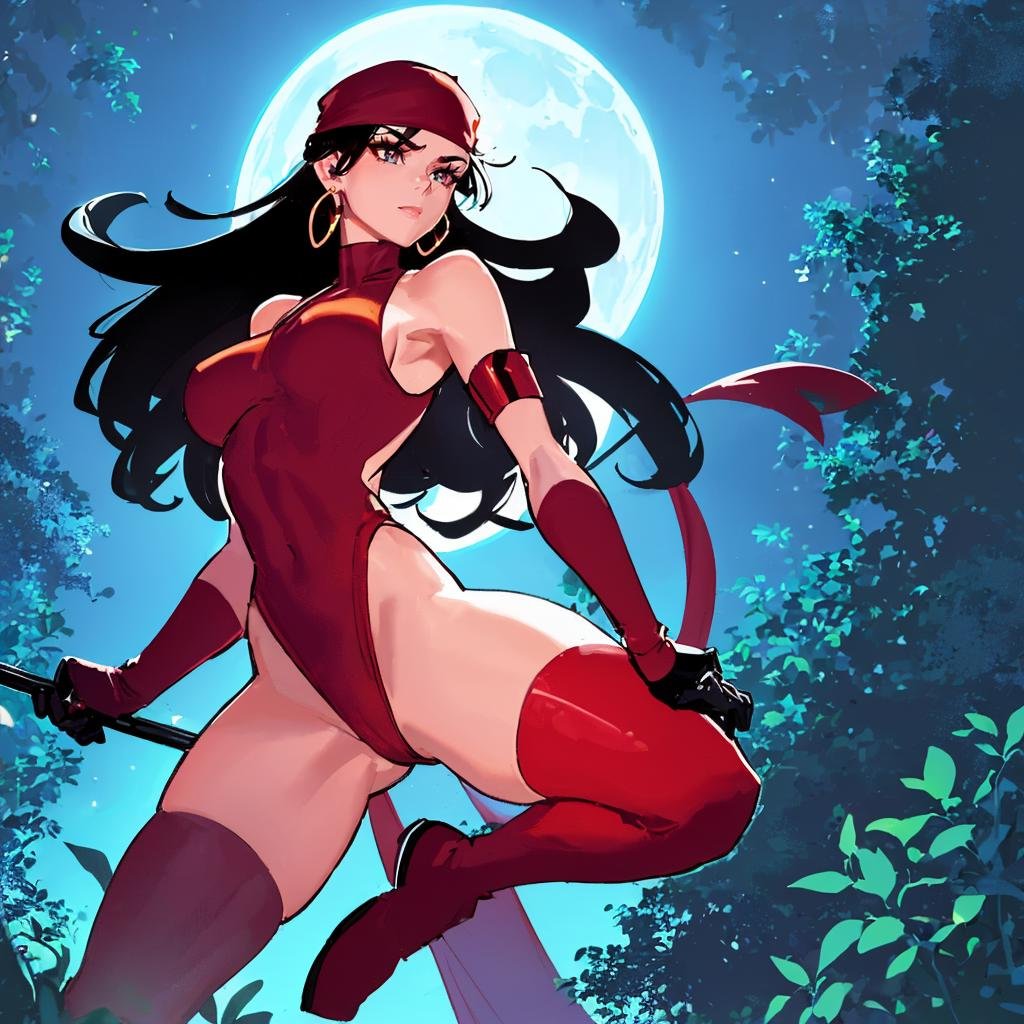 (a woman standing leaning on a tree in a jungle, night, moonlit)<lora:ElektraLoRA:0.7> 1girl, black hair, red clothes, solo, breasts, bandana, makeup, shoulder free, large breasts,  jewelry, earrings, gloves, boots, ninja, beautiful eyes, beautiful girl,  red leotard, masterpiece, best quality, photorealistic,