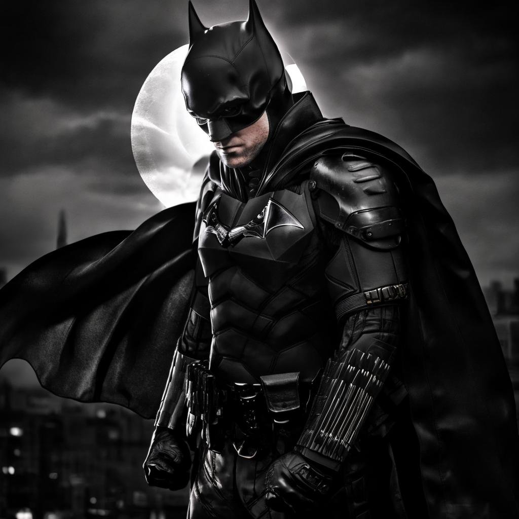 full bodya man jumping fighting stance his cape flutters in the wind thunder in the background, moody atmosphere, looking at viewer<lora:TheBatmanLora:1> man, with, batman, costume, mask, cape