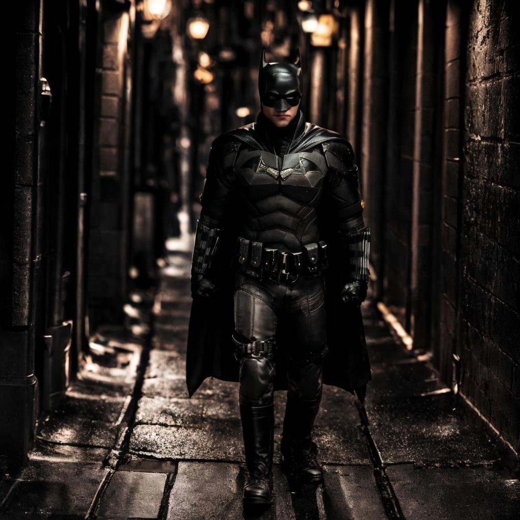 a man walking in a dark dirty alley in a dark dirty city, moody atmosphere, looking at viewer<lora:TheBatmanLora:1> man, with, batman, costume, mask, cape