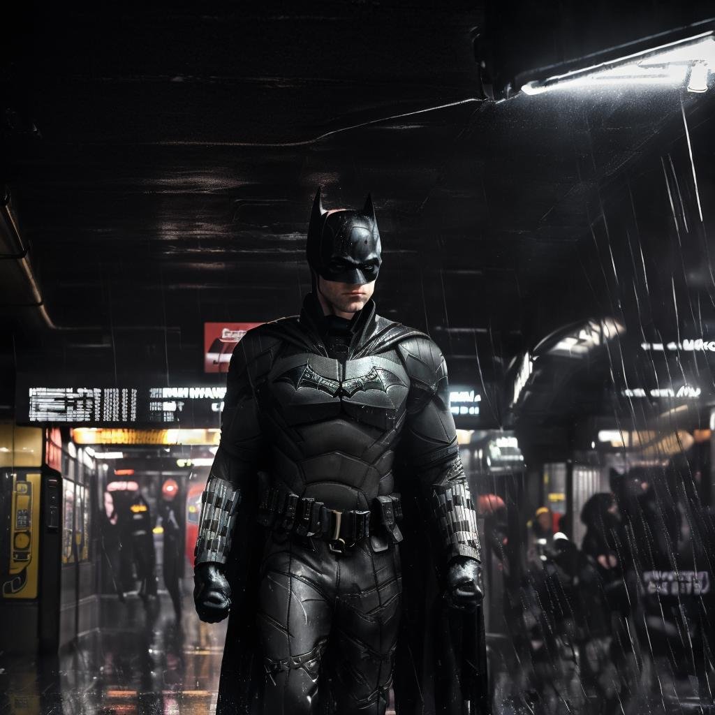(((a man walking in a subway station entrance looking grim making fists raining wet, dark flicker light, view from front)))<lora:TheBatmanLora:0.9> man, with, batman costume, mask, cape