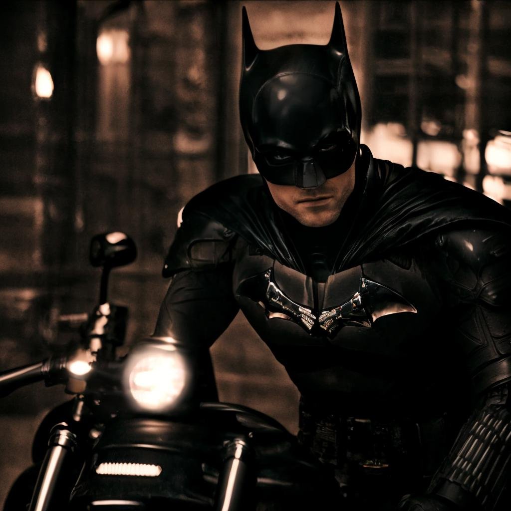 a man riding a motorcycle, moody atmosphere, looking at viewer<lora:TheBatmanLora:1> man, with, batman, costume, mask, cape