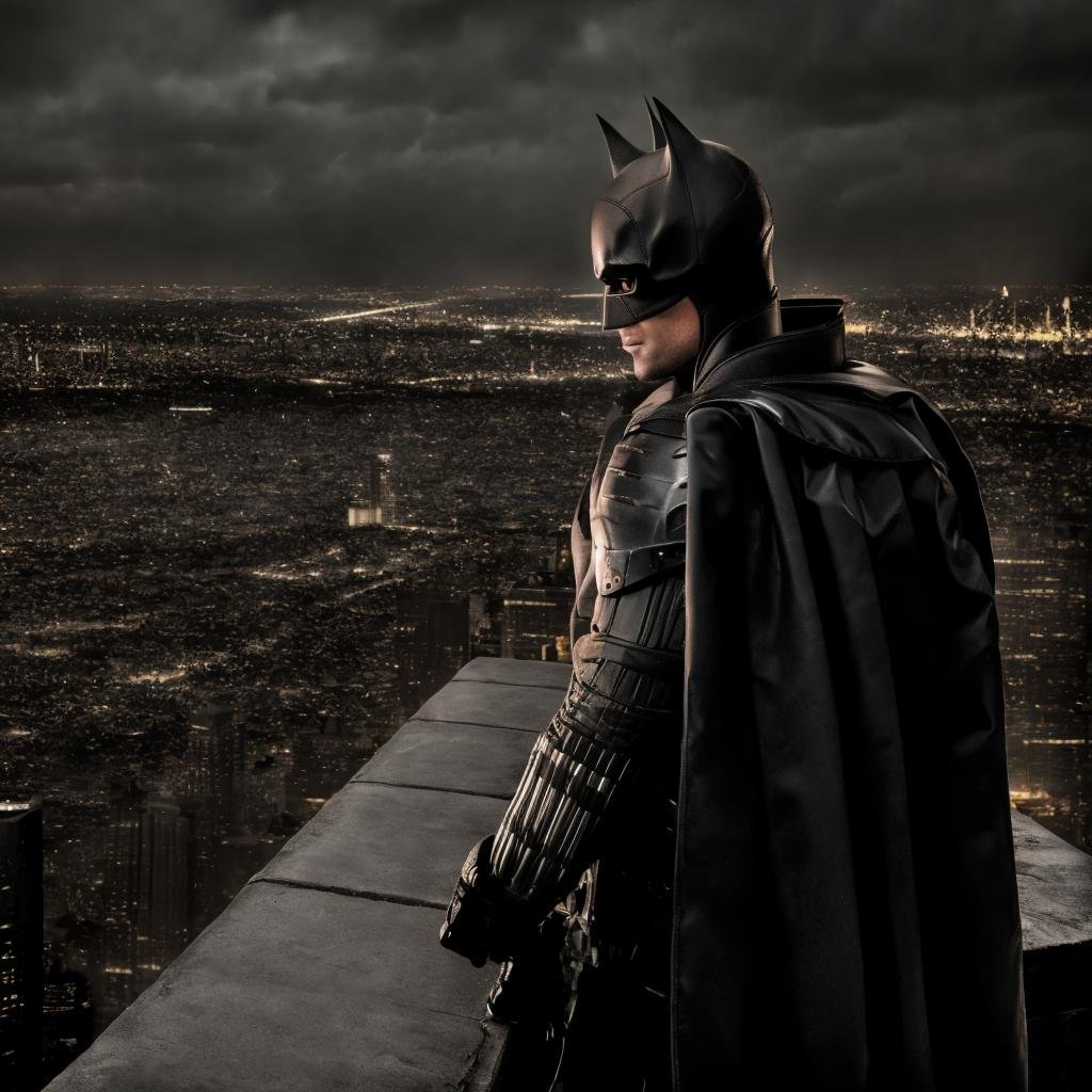 a mNan standing on a ledge looking over a city, moody atmosphere, side view<lora:TheBatmanLora:1> man, with, batman, costume, mask, cape