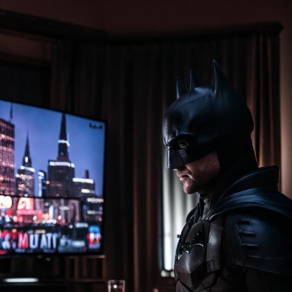 (((a man watching tv)))<lora:TheBatmanLora:0.8> man, with, batman costume, mask, cape