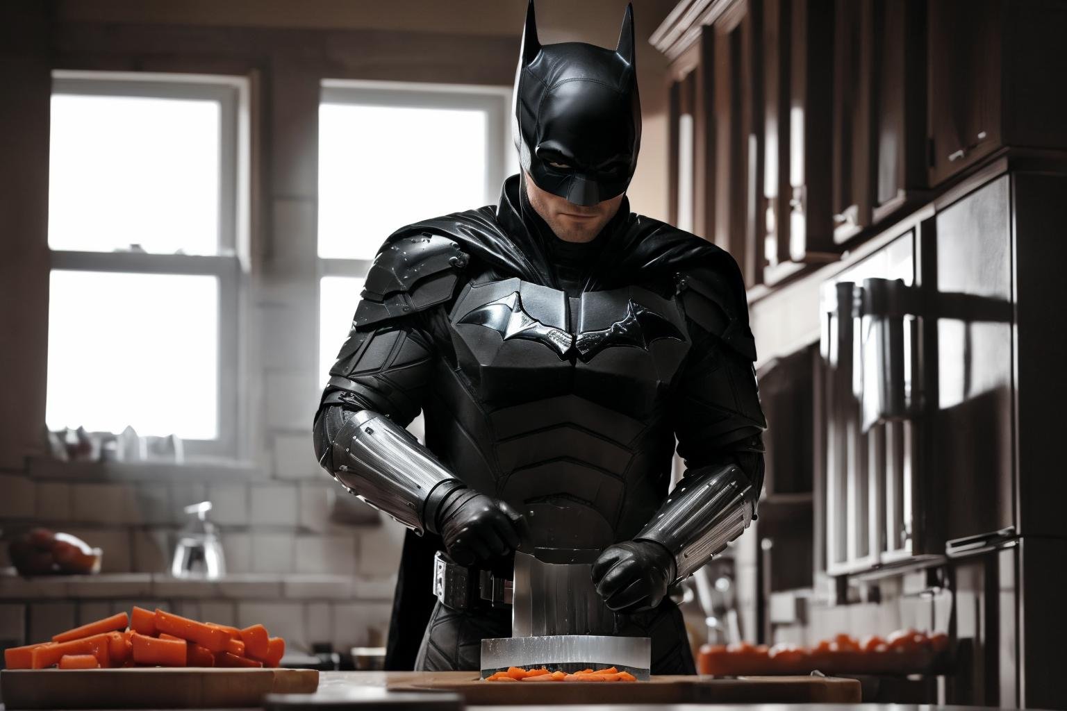 (((a man slicing vegetables in a kitchen)))<lora:TheBatmanLora:0.8> man, with, batman costume, mask, cape