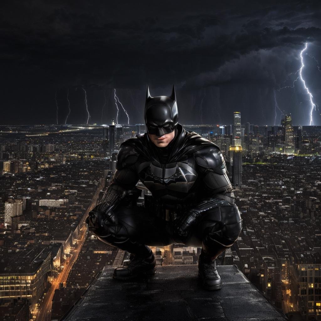 (((a mansquatting on a legde high building looking at a city, view from front, thunder and lightning in background)))<lora:TheBatmanLora:0.9> man, with, batman costume, mask, cape