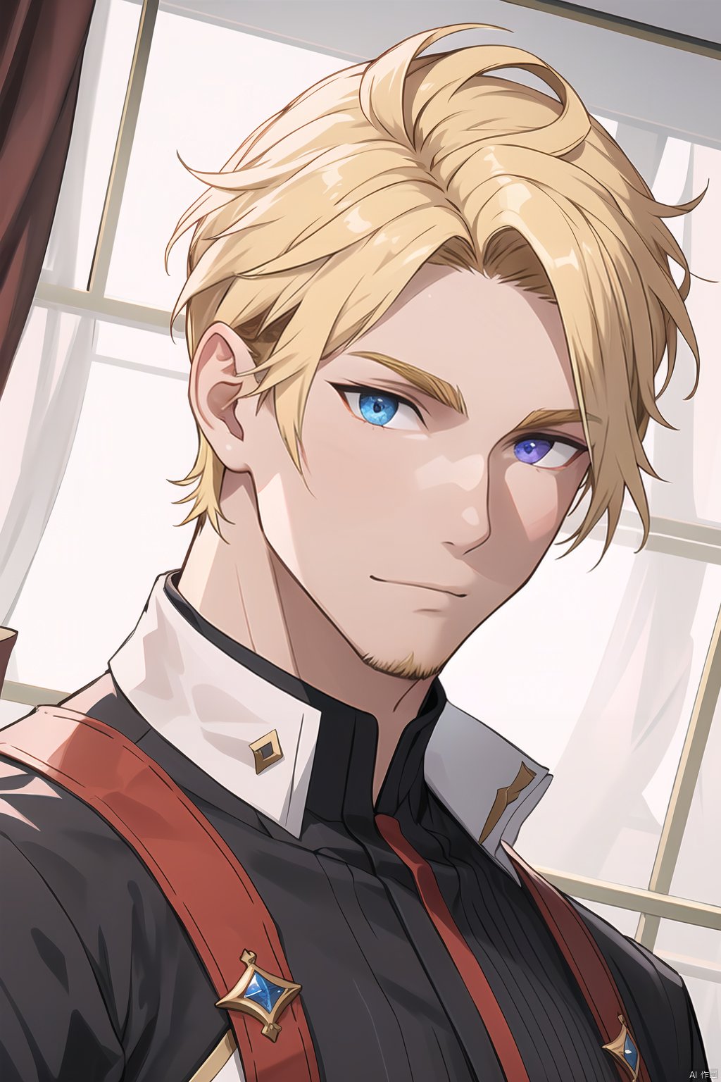  1boy,stubble,mature male ,muscular,Blonde hair,heterochromatic eyes, floating palaces, fine, beautiful eyes, Beautiful and delicate hair, delicate face, court suits, detailed clothing decoration ,male focus, undercut,