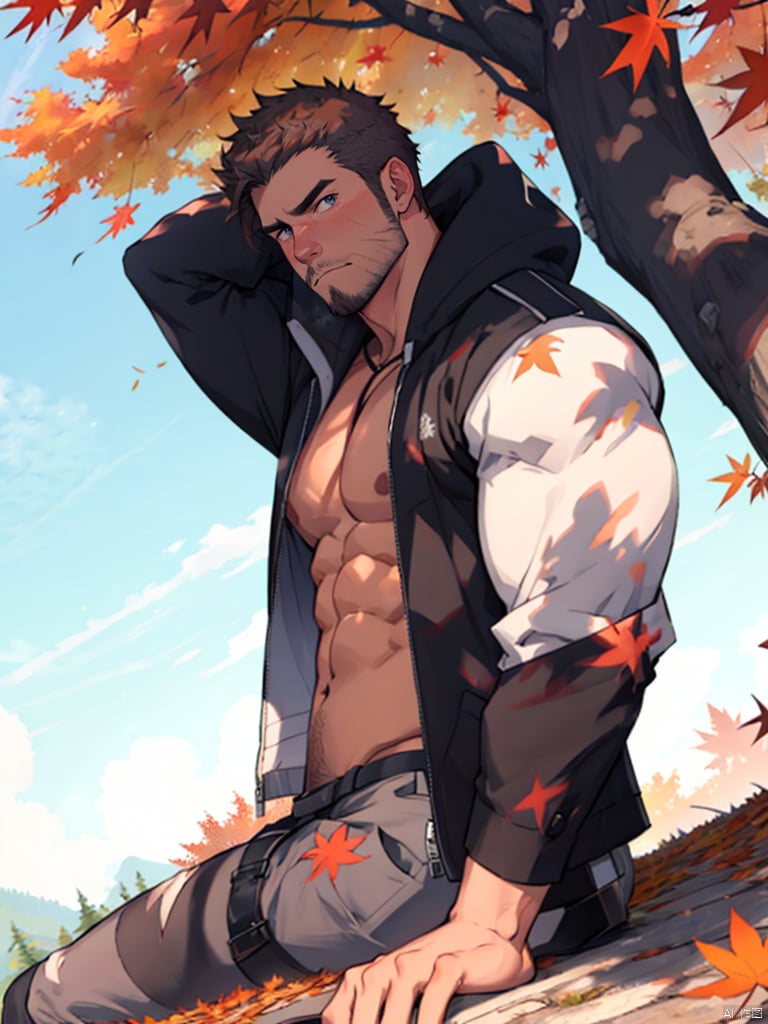 1boy,autumn,aged down,muscular, muscular,  outdoors, morning, ginkgo biloba,stubble,lie on back, chubby,male fucus, (looking at viewer), solo, bara, facial hair,