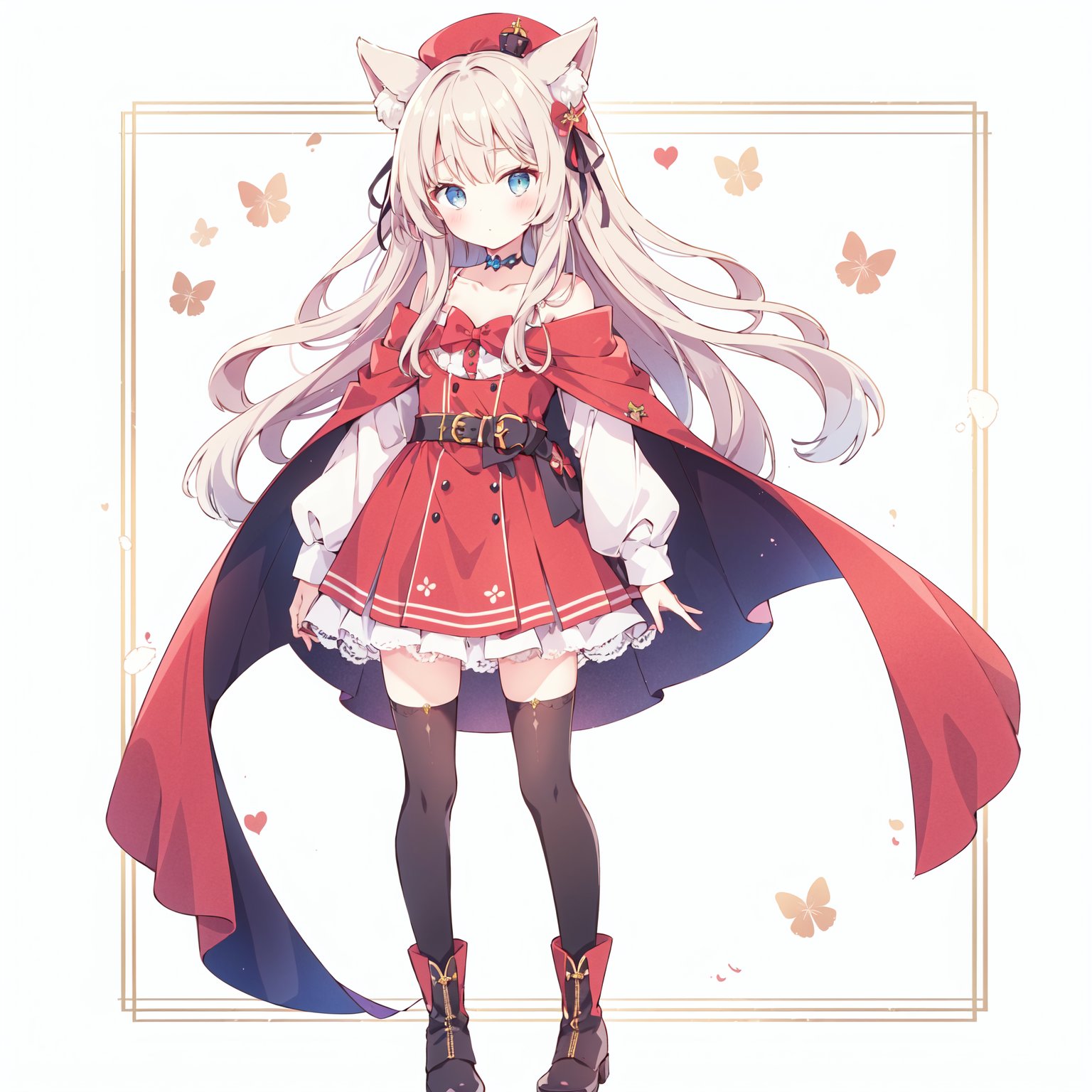 1girl,standing,animal_ears,bangs,blue_eyes,boots,bow,closed_mouth,collarbone,eyebrows visible through hair,red dress,hat,hair ribbon,long sleeves,thighhighs,brooch,choker,red cape,shawl,<lora:20231231-1704012408435-0020:0.4>,