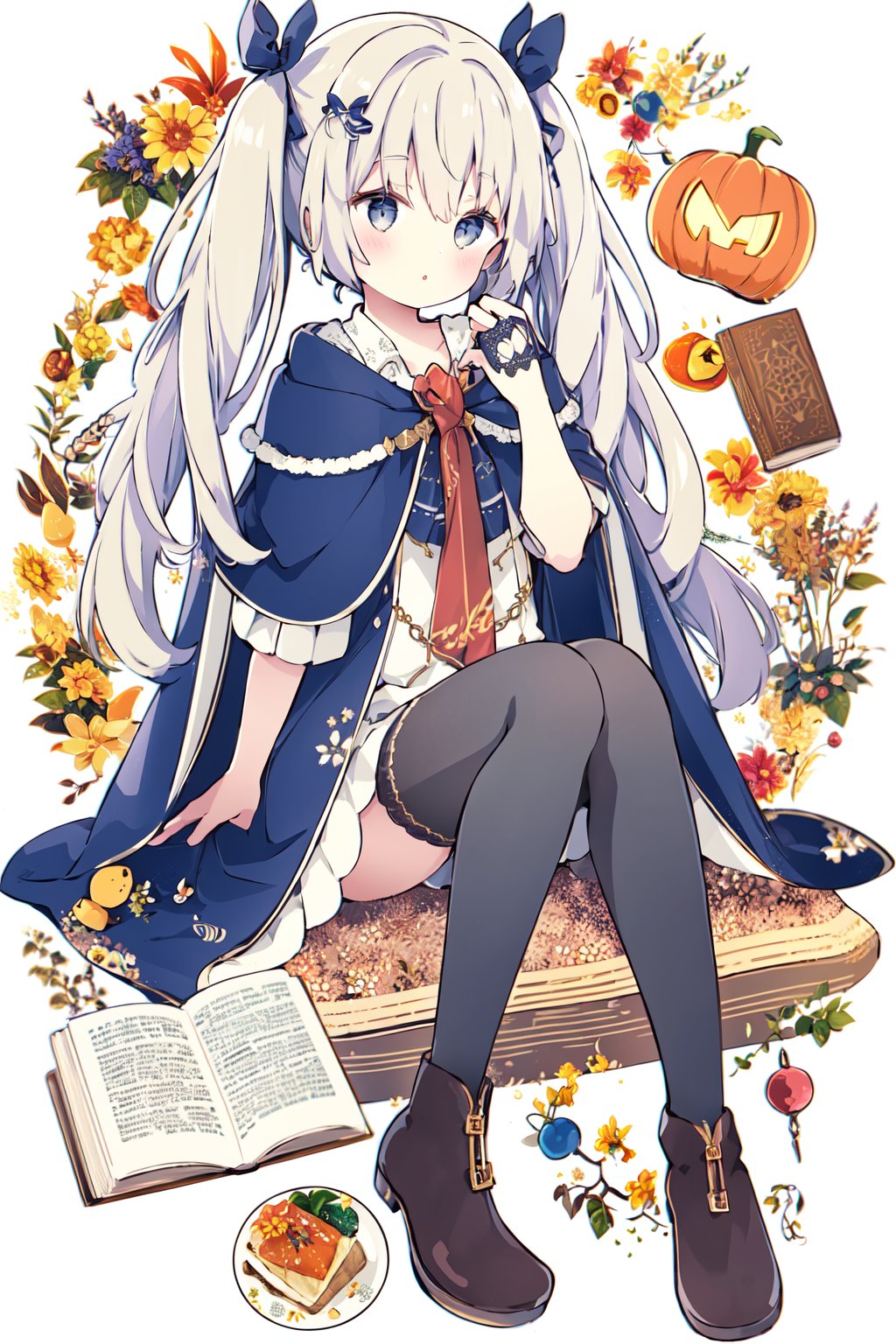 1girl,book,cape,long_hair,boots,skirt,jack-o'-lantern,pumpkin,food,low_twintails,open_book,hair_ribbon,hair_ornament,<lora:20231231-1704012408435-0020:0.8>,