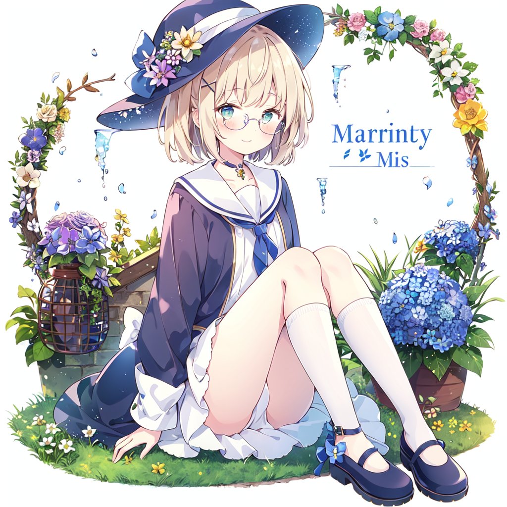 1girl,blue_bow,blue_choker,blue_flower,blue_ribbon,character_name,choker,sitting,long_sleeves,mary_janes,kneehighs,copyright_name,daisy,dress,floral_background,flower,full_body,glasses,green_eyes,hat,holding,holding_flower,hydrangea,leaf,lily_\(flower\),lily_of_the_valley,lotus,morning_glory,plant,ribbon,sailor_collar,short_hair,smile,solo,white_flower,white_headwear,<lora:20231231-1704012408435-0020:0.6>,