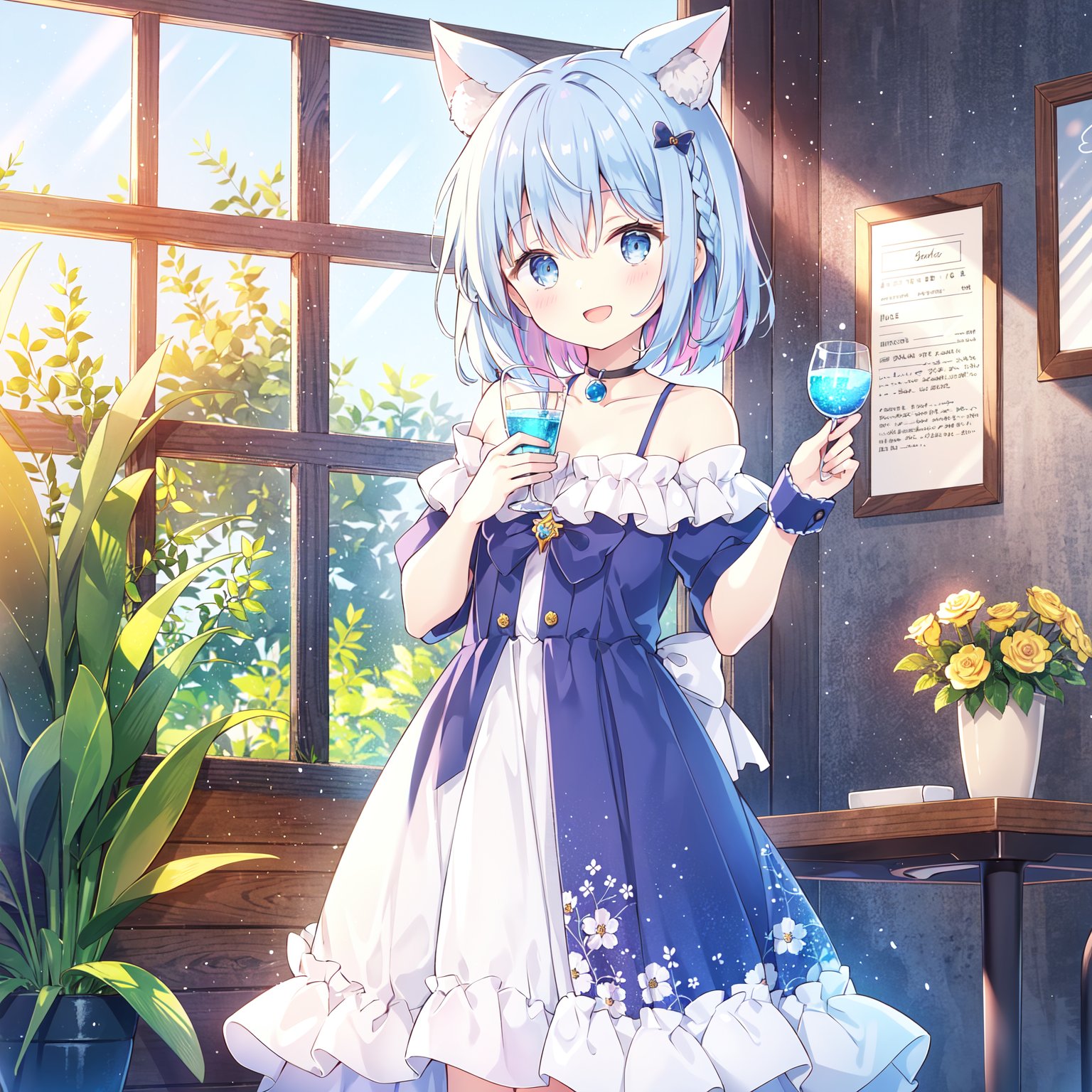 1girl,solo,looking_at_viewer,blush,smile,short_hair,open_mouth,bangs,blue_eyes,hair_ornament,dress,bow,holding,animal_ears,bare_shoulders,blue_hair,standing,purple_eyes,flower,white_hair,:d,hair_bow,multicolored_hair,choker,indoors,virtual_youtuber,off_shoulder,white_dress,blurry,two-tone_hair,cup,streaked_hair,wrist_cuffs,window,bell,depth_of_field,blue_bow,holding_cup,drinking_glass,blue_flower,blue_theme,stairs,off-shoulder_dress,<lora:20231231-1704012408435-0020:0.6>,